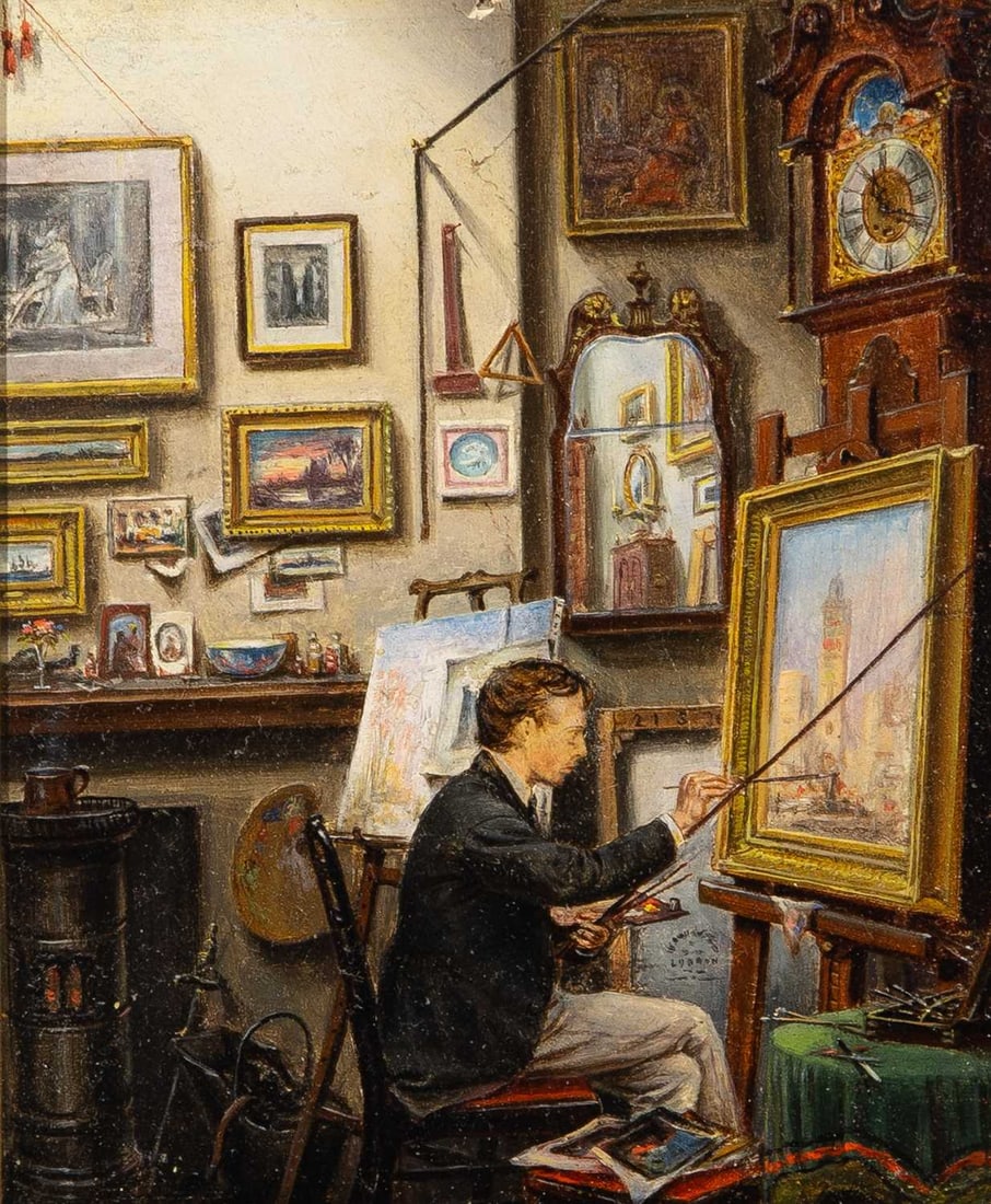 Continental School: 19th Century Portrait of an Artist in His Studio Oil on board 5 x 4 3/8 inches (12.7 x 11.1 cm)Provenance: Alexander Gallery, New York Private Collection, acquired from the above in 2002 Sale,