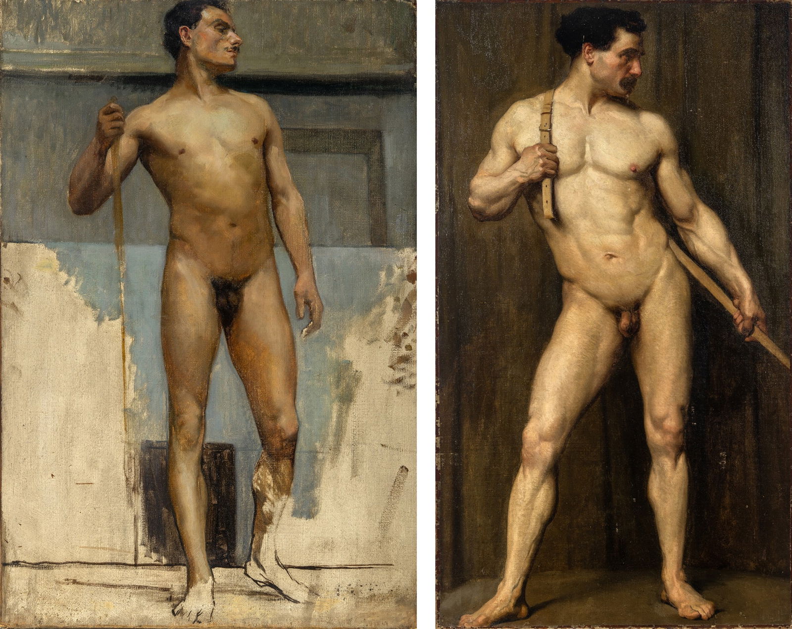 Attributed to Jules-Marie-Auguste Leroux: Academic Work: Study of a Male Nude with a Stick Inscribed Auguste Leroux on the reverse Oil on canvas 31 3/4 x 21 1/4 inches (80.6 x 54 cm) Unframed Together with: European School 19th/20th Century
