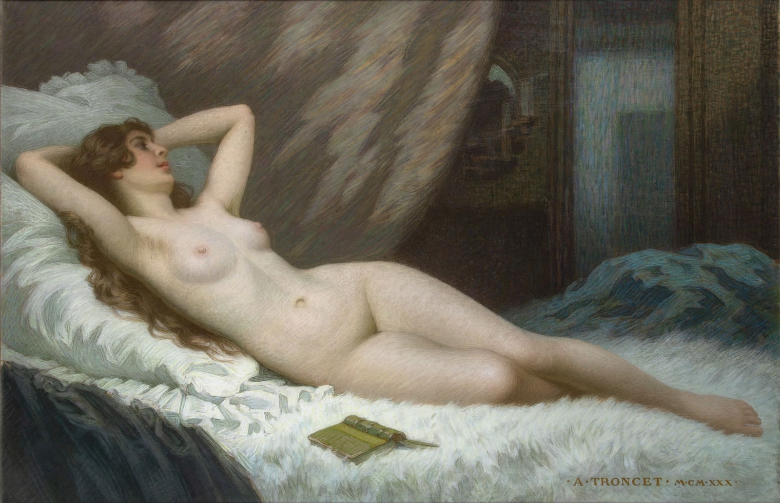 Antony Troncet: French, 1879-1939 Reclining Nude, 1930 Signed and dated A. TRONCET M.CM.XXX (lr) Pastel on canvas 36 x 53.6 inches (91.4 x 136.2 cm) Provenance: Sale, Sotheby's, London, Nov. 12, 2008, lot 146 