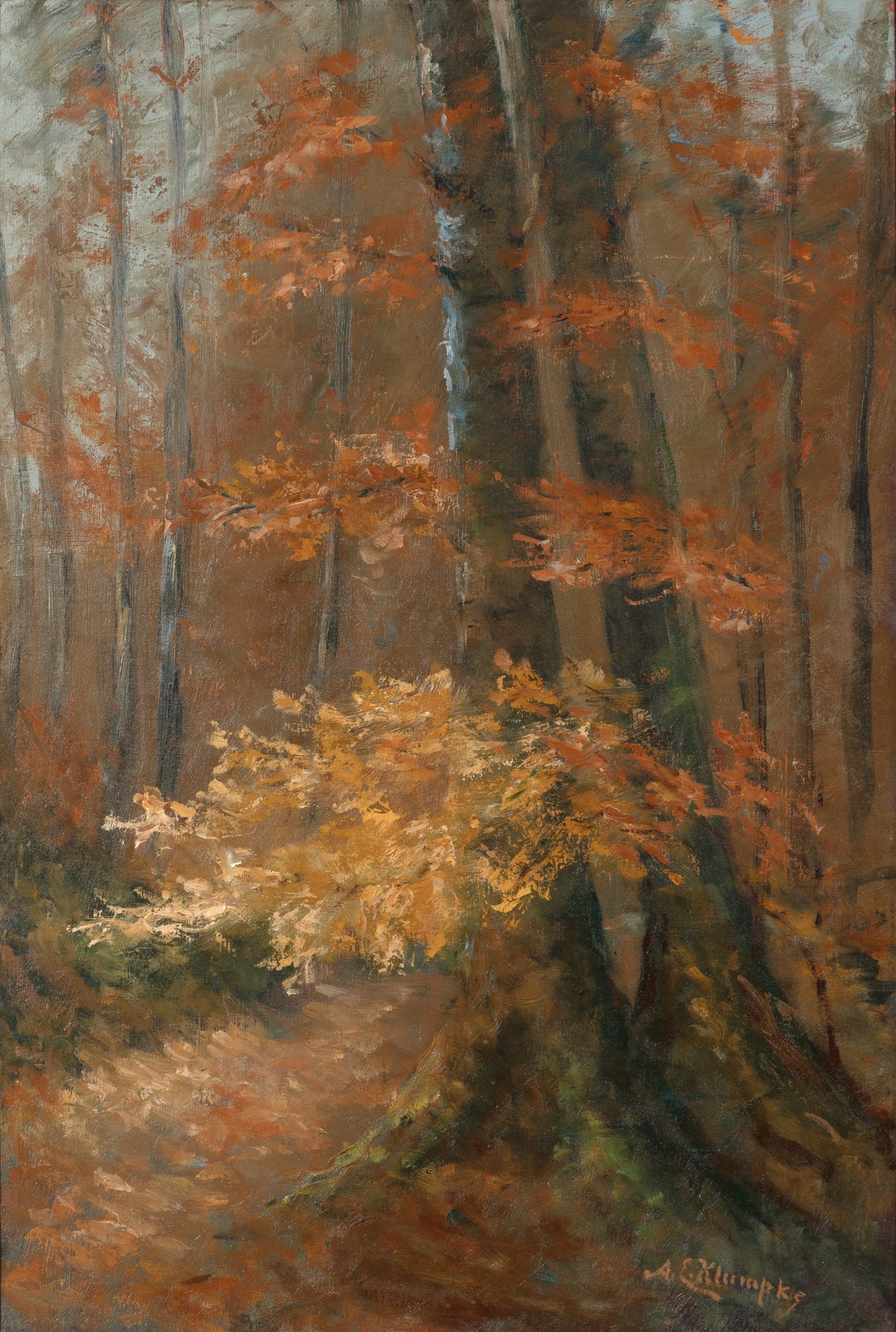 Anna E. Klumpke: American, 1856-1942 A Path Through the Woods Signed A. E. Klumpke (lr) Oil on canvas 36 1/4 x 24 1/2 inches (92.1 x 62.2 cm) (Framed 39 1/2 x 27 3/4 inches) In fine condition.