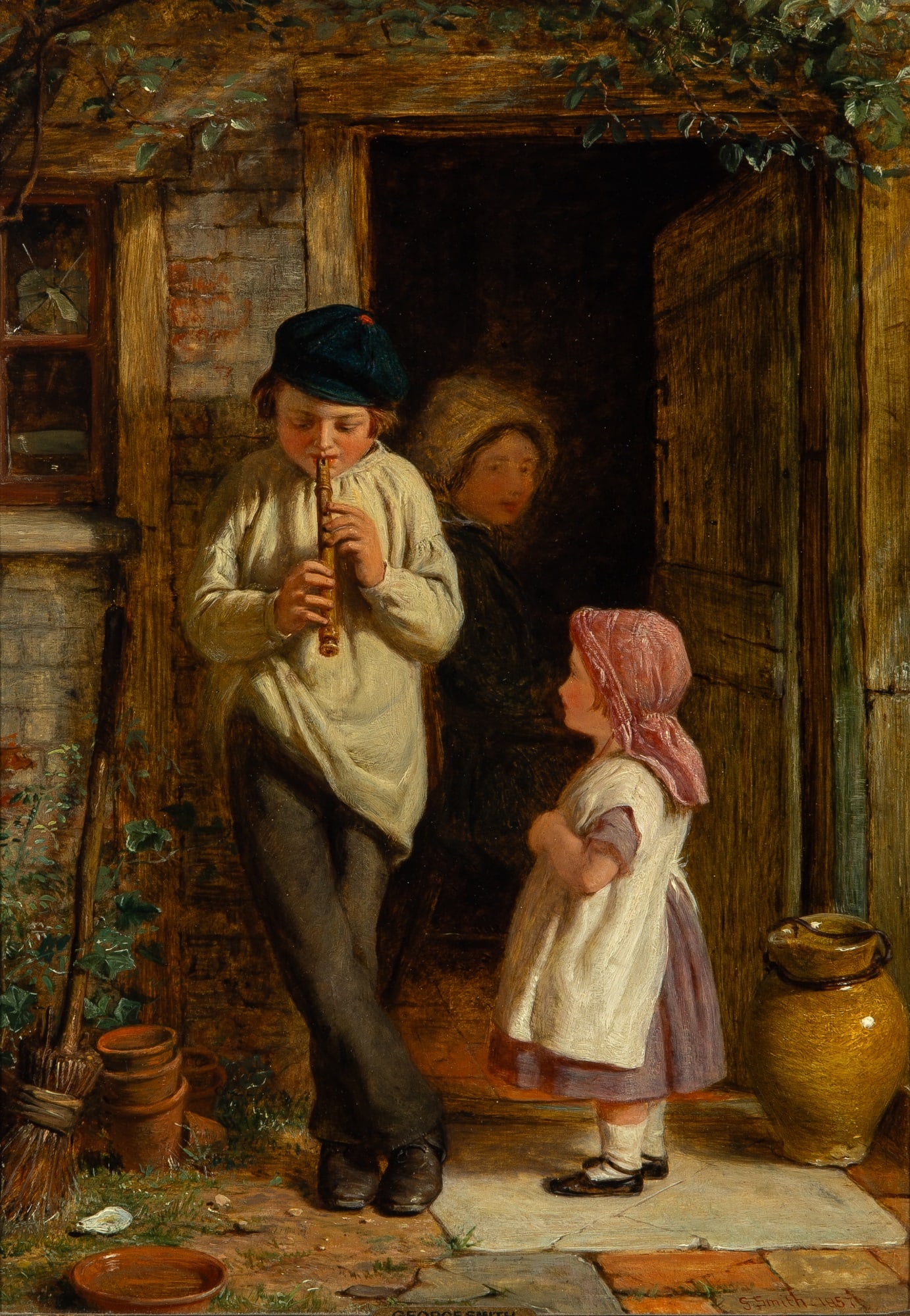 Attributed to George Smith: The Flute Player, 1857 Signed and dated G. Smith 1857 (lr) Oil on panel 13 1/2 x 9 1/2 inches (34.3 x 24.1 cm) (Framed 18 1/2 x 15 inches)