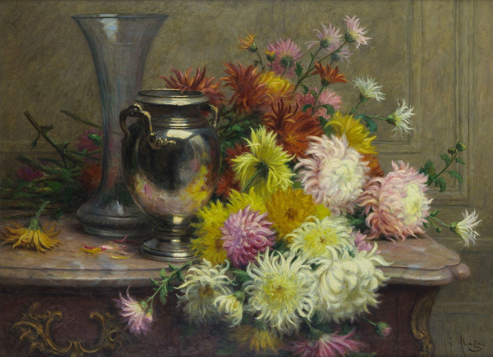 Désiré Alfred Magne: French, 1855-1936 Still Life with Chrysanthemums Signed Alf. Magne (lr) Oil on canvas 23 3/4 x 31 1/2 inches (60.3 x 80 cm) (Framed 31 x 39 1/2 inches)