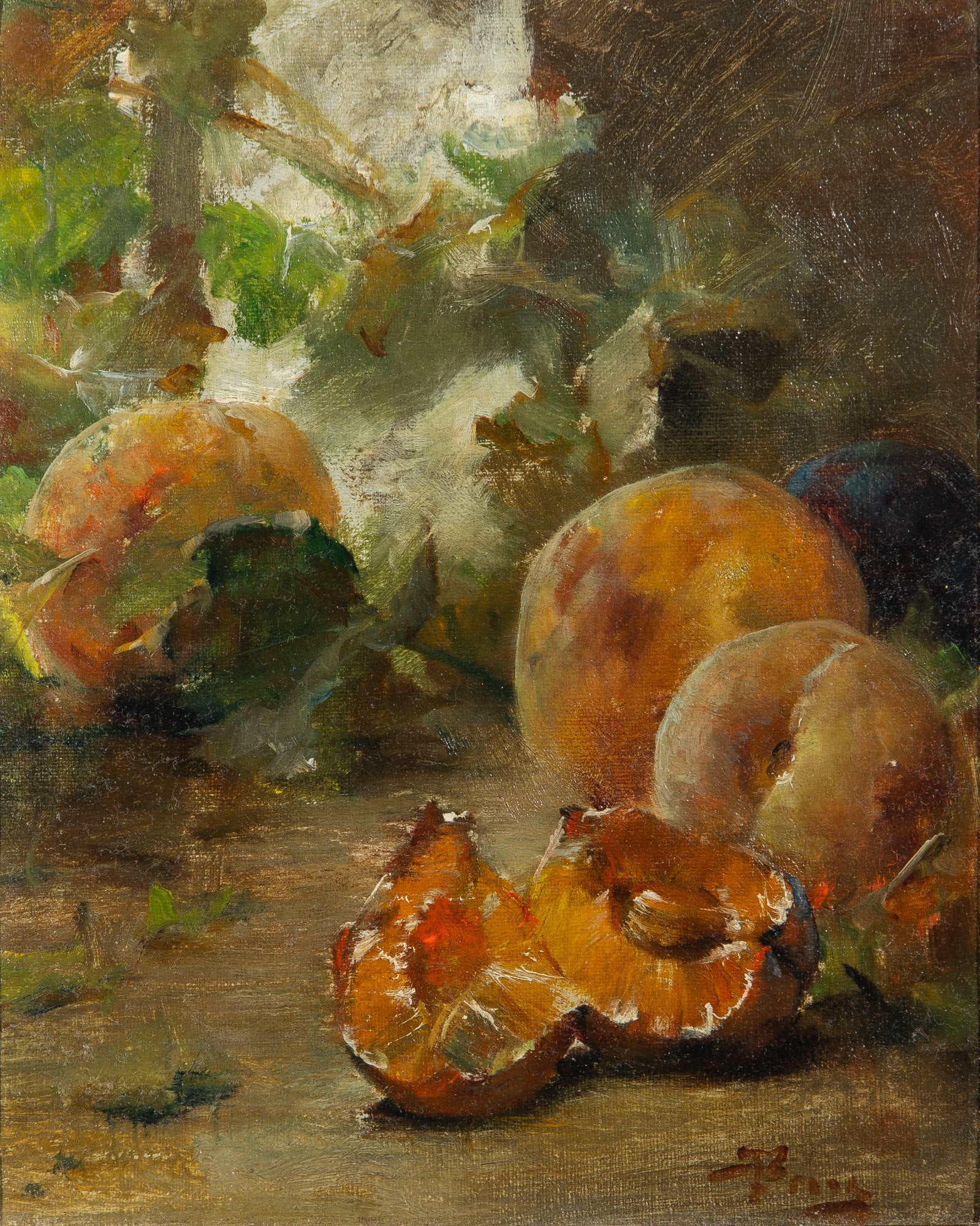 19th-20th Century School: Still Life of Peaches Signed illegibly (lr) Oil on canvas 10 x 8 inches (25.4 x 20.3 cm) (Framed 11 x 9 1/4 inches)