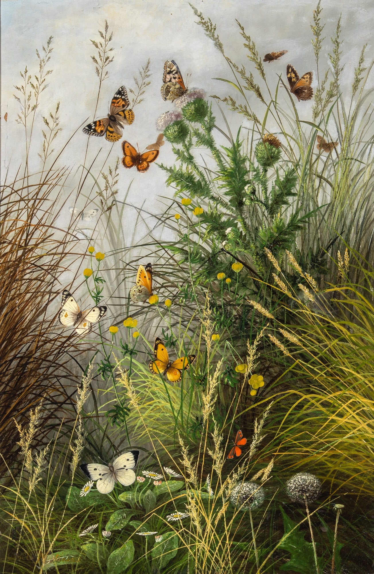 Emile Martineau: French, 19th/20th Century Butterflies in a Grass Border Signed Emile Martineau (ll) Oil on canvas 24 x 16 inches (61 x 40.6 cm) Provenance: N.R. Omell, London Christopher Wood, London Hirschl &