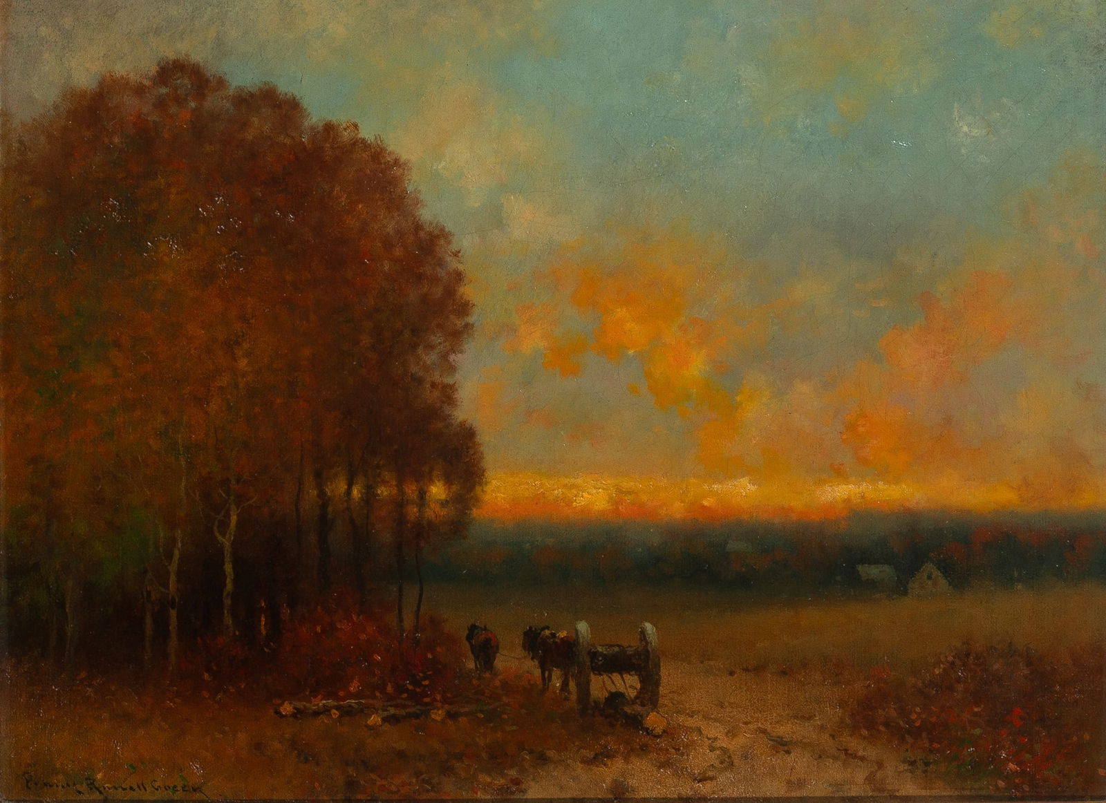 Frank Russell Green: American, 1856-1940 Working Horses in a Field at Dawn Signed Frank Russell Green (ll) Oil on canvas 12 x 16 inches (30.5 x 40.6 cm) (Framed 21 1/2 x 26 inches)