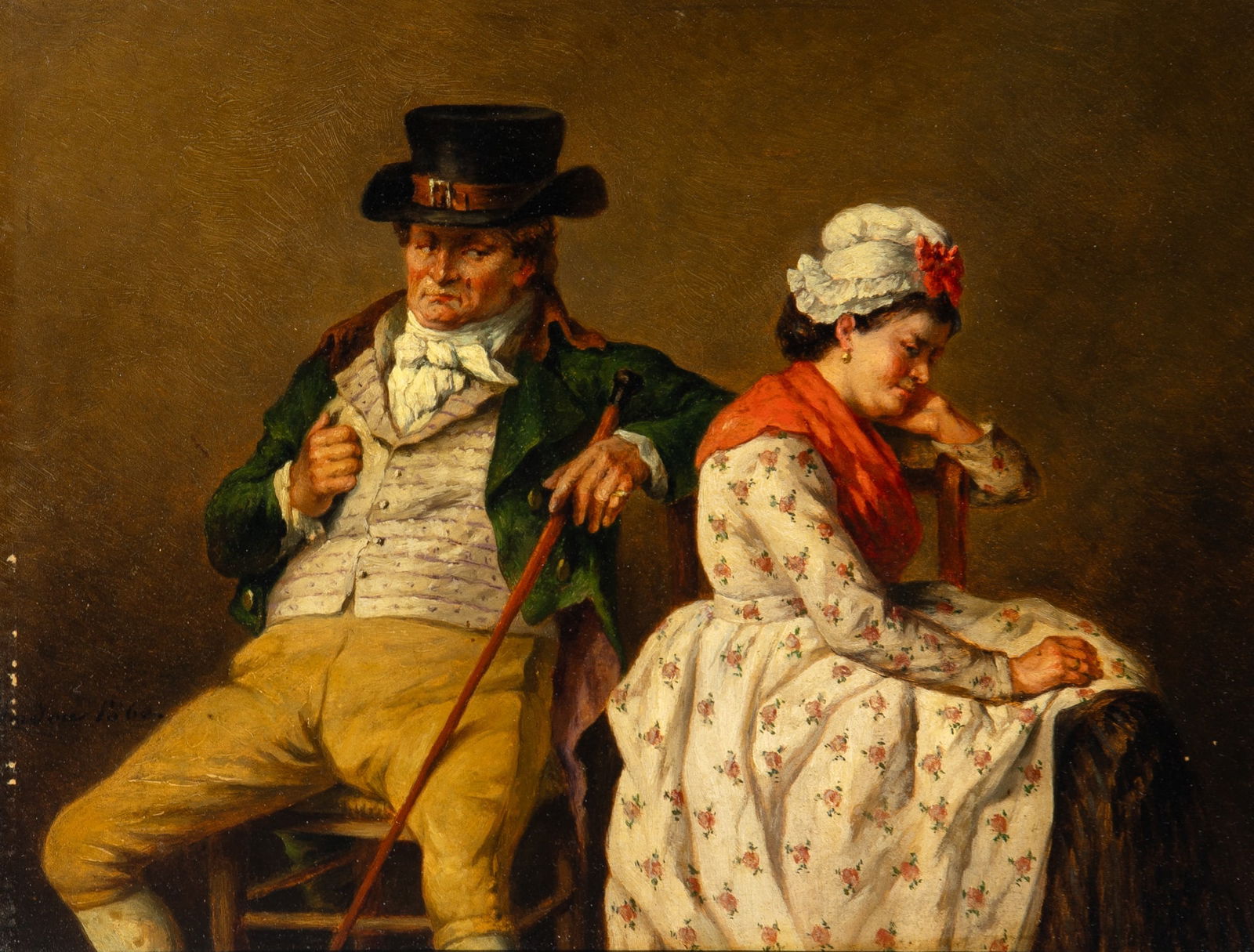 Jean-Baptiste Madou: Belgian, 1796-1877 La bouderie Signed Madou and dated illegibly, possibly 1862 (ll) Oil on panel 9 x 11 3/4 inches (22.9 x 29.8 cm) (Framed 12 1/2 x 15 inches) Frame abrasions with associated wear