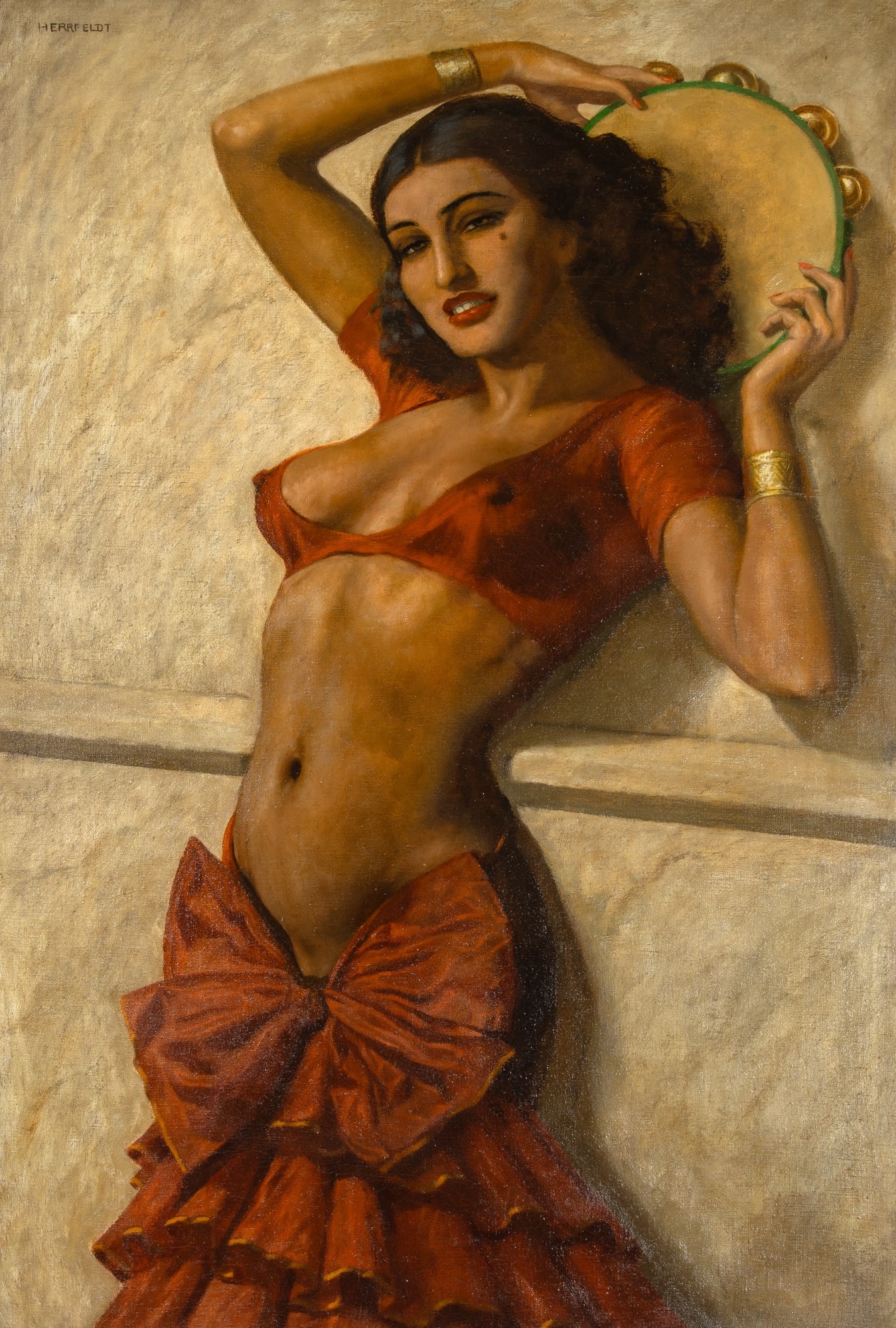 Marcel René von Herrfeldt: German, 1889-1965 Flamenco Dancer with a Tambourine Signed HERRFELDT (ul) Oil on canvas 47 x 31 inches (119.4 x 78.7 cm) (Framed 53 x 38 inches)