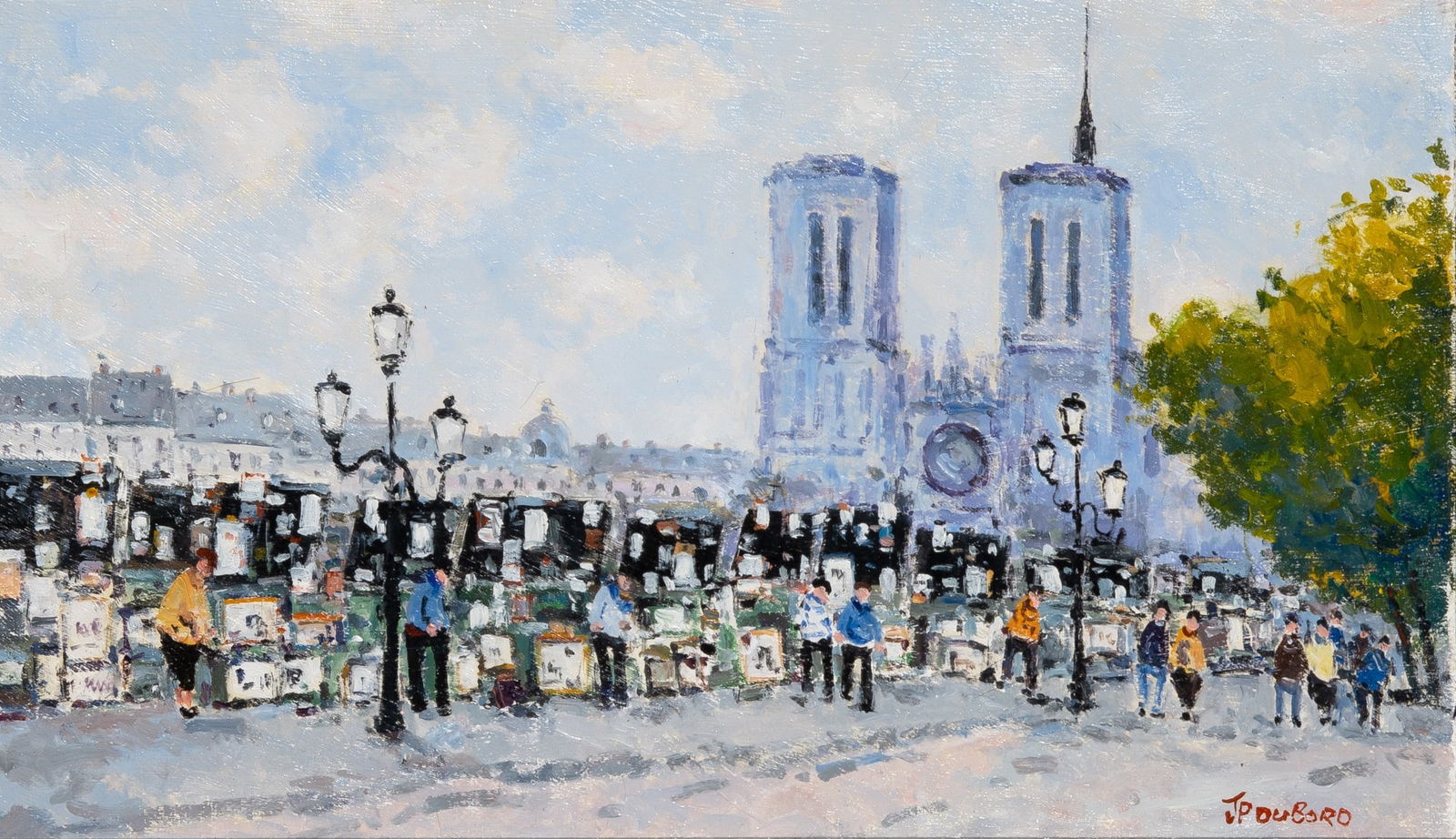 Jean-Pierre Dubord: French, b. 1949 Les bouquinistes sur les quais à Paris Signed JP DUBORD (lr); inscribed as titled and signed Jean Pierre Dubord on the reverse Oil on canvas 9 1/2 x 16 inches (24.1 x 40.6 cm) 
