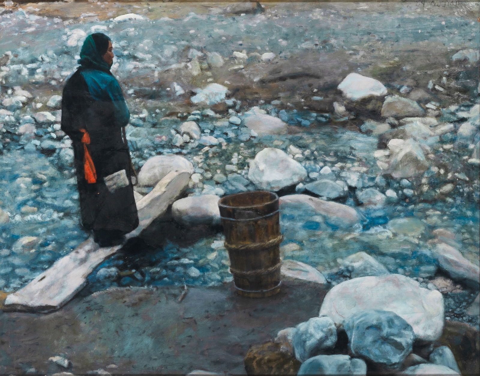 Jian Wu: Chinese, b. 1942 Woman at a Stream, 1989 Signed Wu Jian and dated 89 (ur) Oil on canvas 22 x 28 inches (55.9 x 71.1 cm) (Framed 28 x 34 inches)