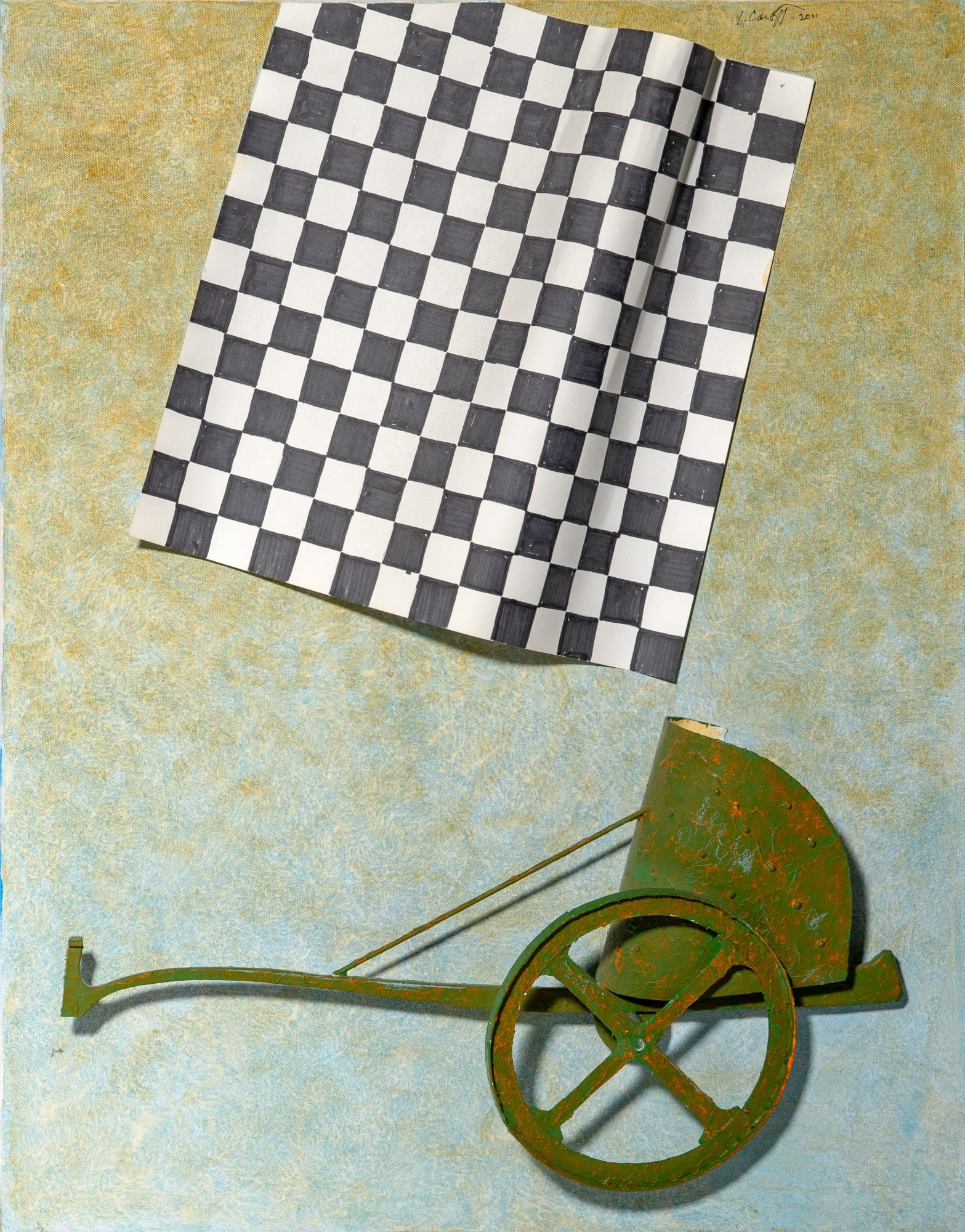 Joe Caroff: American, 1921-2025 Absent Rider, 2011 Signed and dated J. Caroff - 2011 (ur); further signed, dated 2011, and inscribed as titled on the reverse Mixed media with acrylic, wood, nails, and paper on