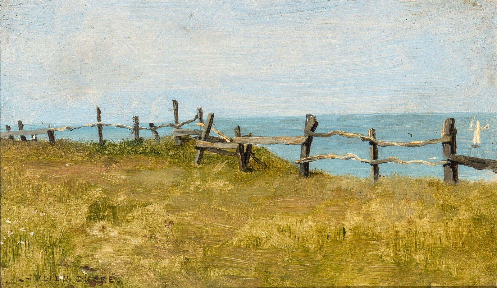 Julien Dupré: French, 1851-1910 Fence by the Sea Signed JULIEN DUPRÉ (ll) Oil on panel 5 1/2 x 9 1/4 inches (14 x 23.5 cm)Provenance: Sale, Stair Galleries, Hudson, NY, October 15-16, 2011, lot 386 (Framed