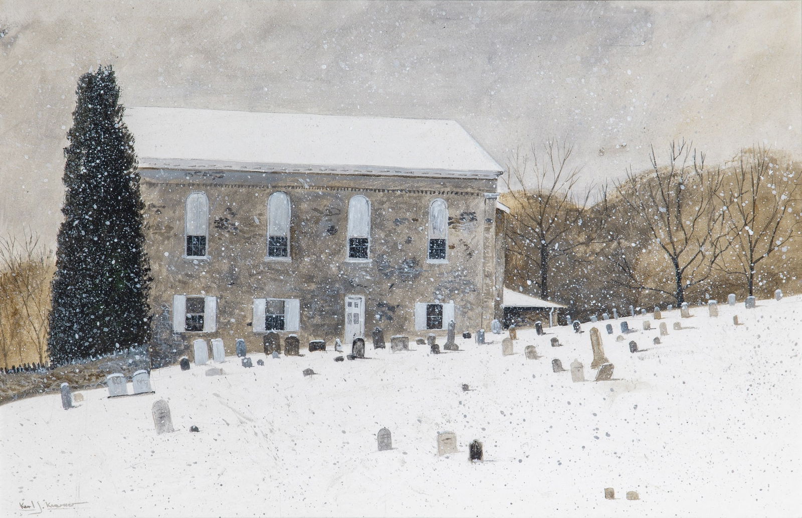Karl J. Kuerner: American, b. 1957 Snowfall at Brandywine Baptist Church Signed Karl J. Kuerner (ll) Acrylic over pencil on board Sight 11 x 17 inches (27.9 x 43.2 cm) Karl J. Kuerner grew up immersed in art at the