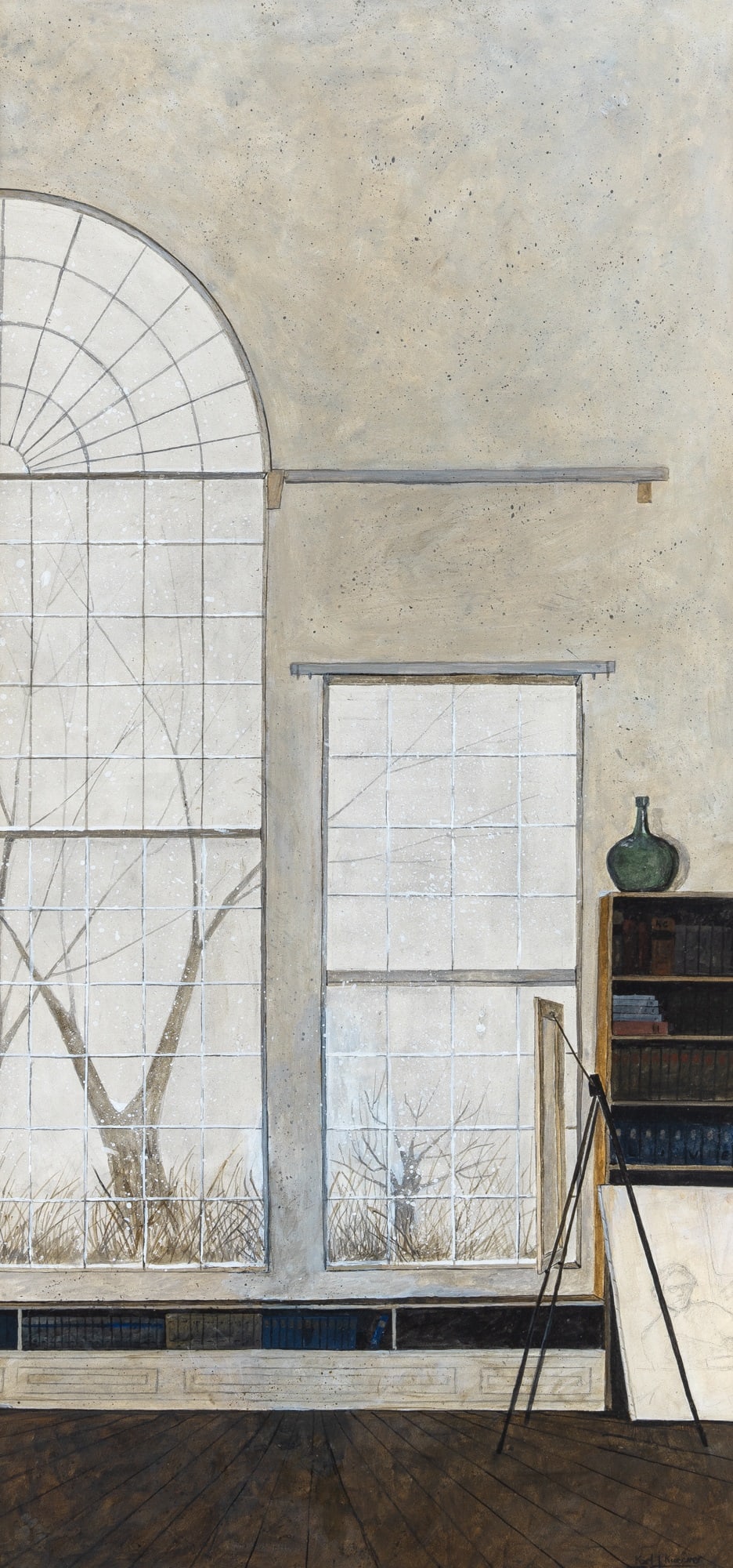 Karl J. Kuerner: American, b. 1957 Up in the Studio Signed Karl J. Kuerner (lr) Acrylic and pencil on board Sight 30 1/4 x 14 1/4 inches (76.8 x 36.2 cm) Karl J. Kuerner grew up immersed in art at the Kuerner Farm,