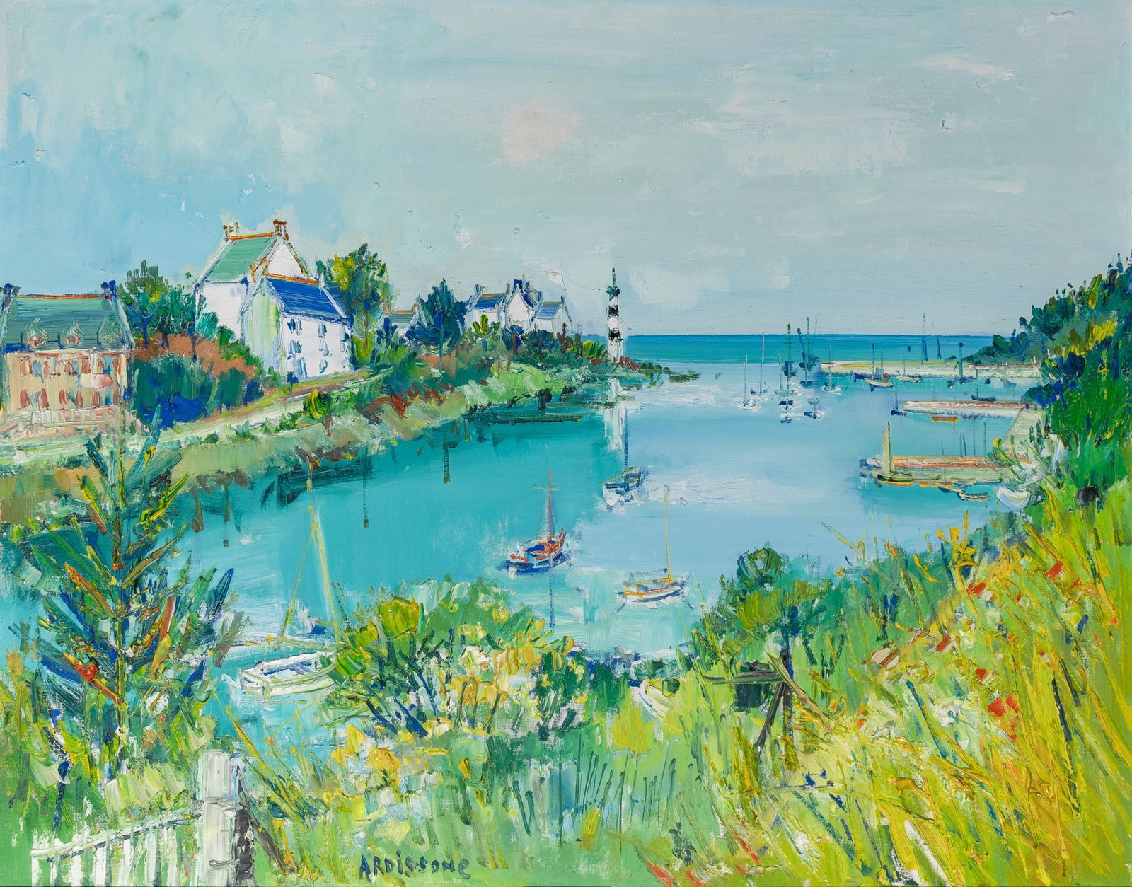Yolande Ardissone: French, 1927-2024 Le Phare Signed ARDISSONE (lc); inscribed as titled on the stretcher Oil on canvas 29 x 36 1/4 inches (73.7 x 92.1 cm)Provenance: Wally Findlay Galleries (Framed 36 1/2 x 44 inches)