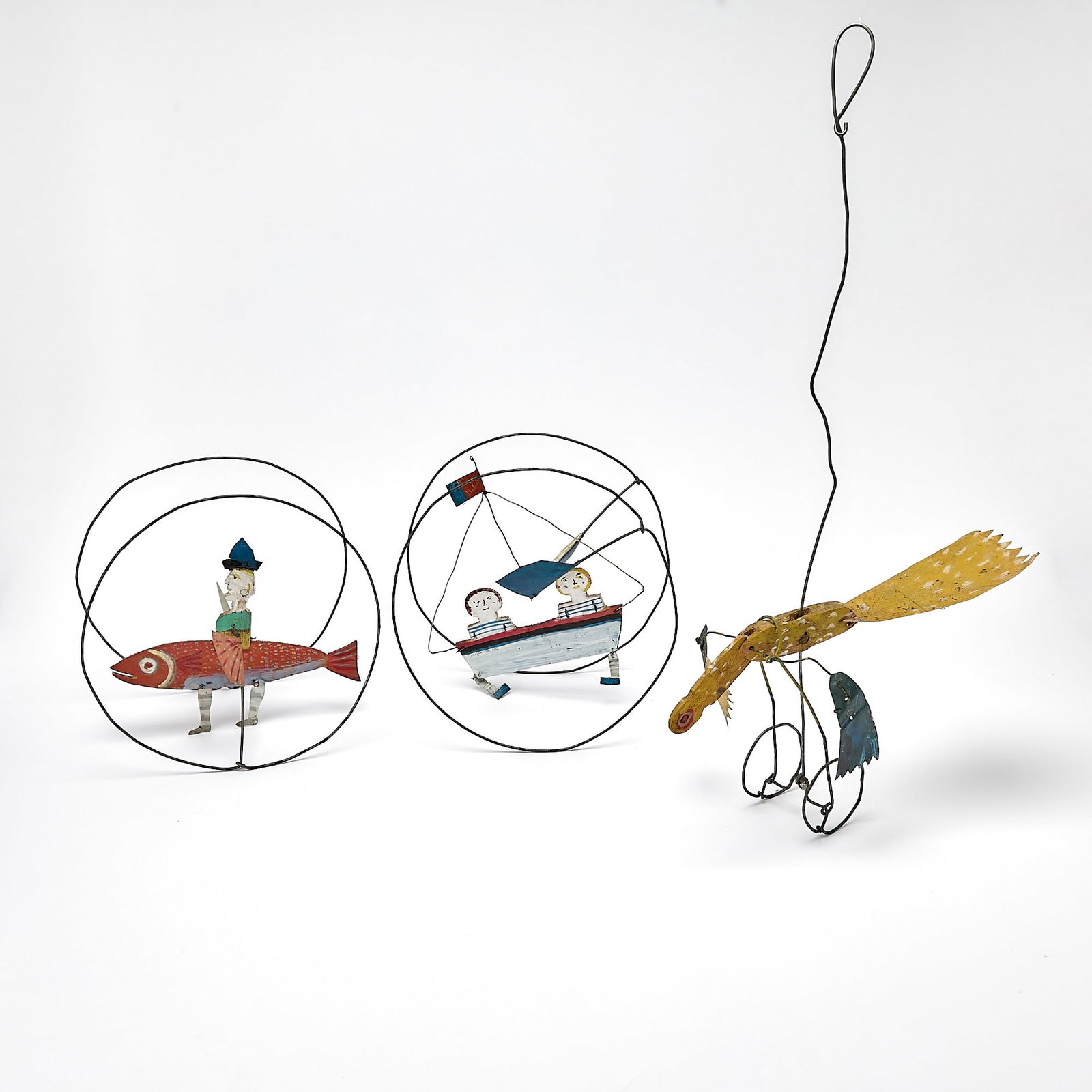 Roland Roure: French, b. 1940 Whimsical Sculptures, circa 1988: Three Works One work signed and dated R Roure 88 Painted wood and metal, with wire Diameter approximately 12 1/2 inches (31.8 cm)
