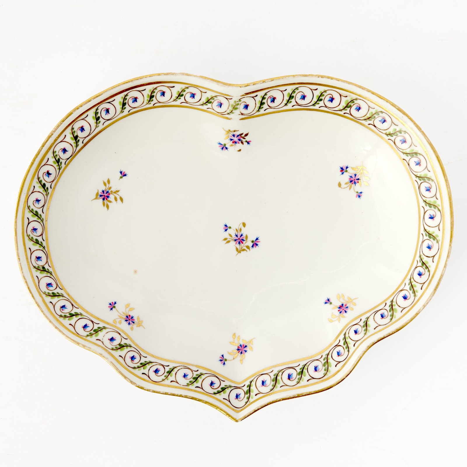 Derby Porcelain Shell Dish: Circa 1790 Width 10 inches. depth 8 inches. Derby crown mark with crossed battons in purple.