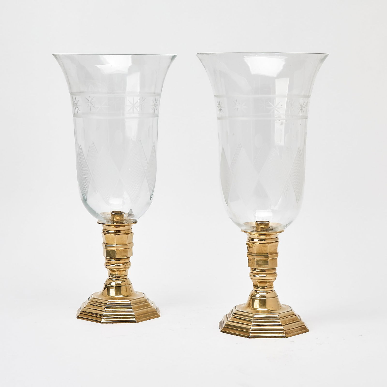 Pair of Brass Mounted Etched Hurricane Lamps (1 of 4)