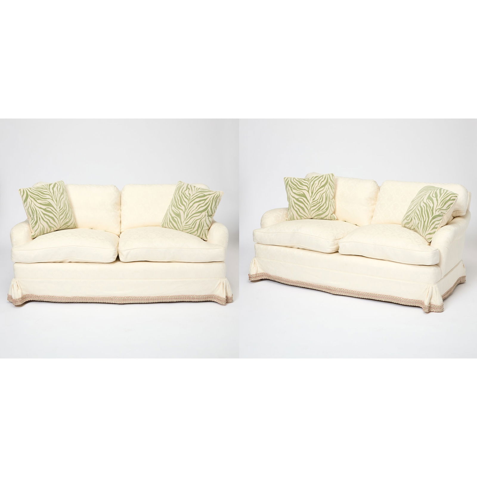 Pair of Upholstered Love Seats: Height 34 inches width 67 inches, depth of seat 24 inches.