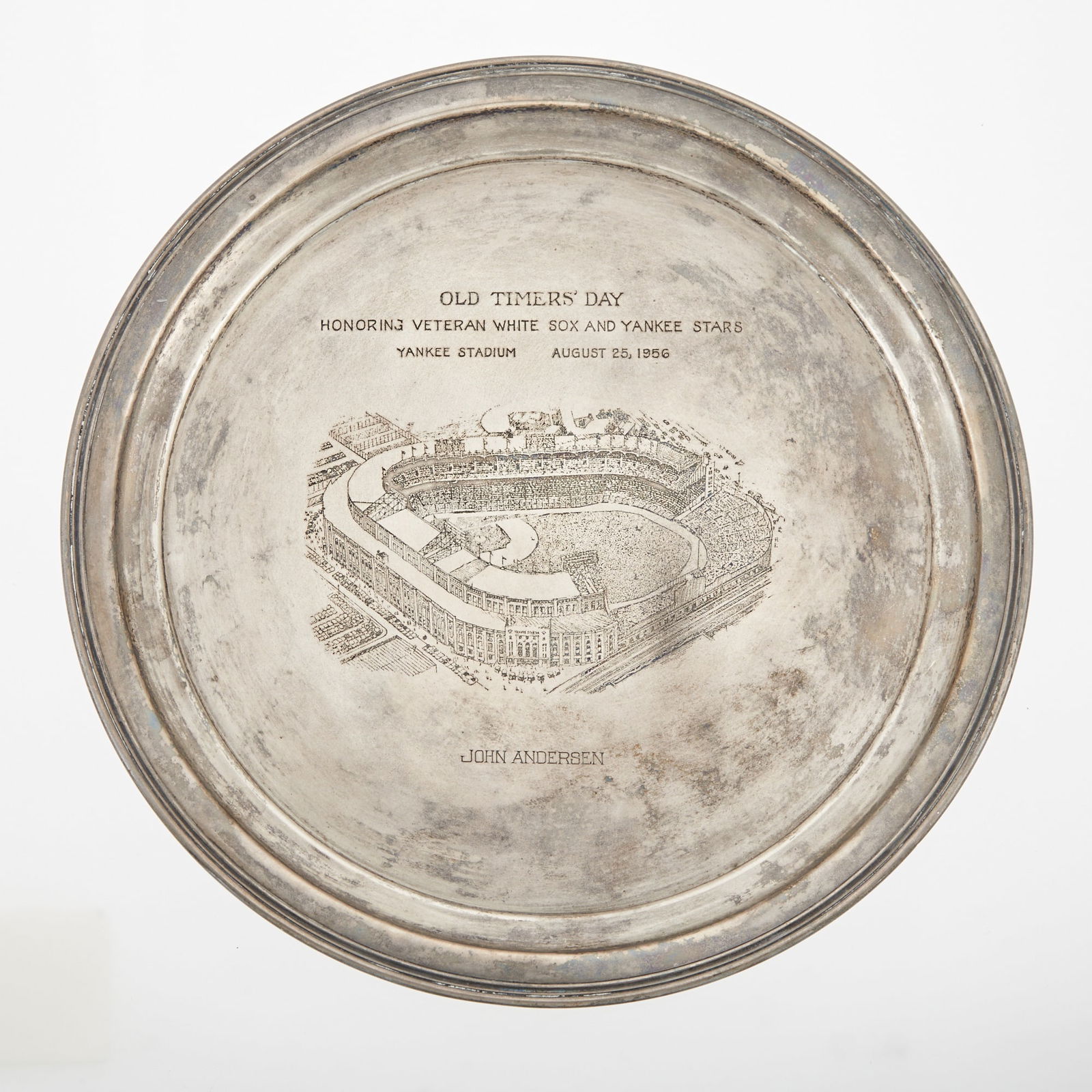 Old Timers' Day: Silver Presentation Platter: Honoring Veteran White Sox and Yankee Stars, August 25, 1956, John Andersen Marked "WALLACE STERLING / 6616 / 12 IN." on bottom. Approximately 13 ounces.