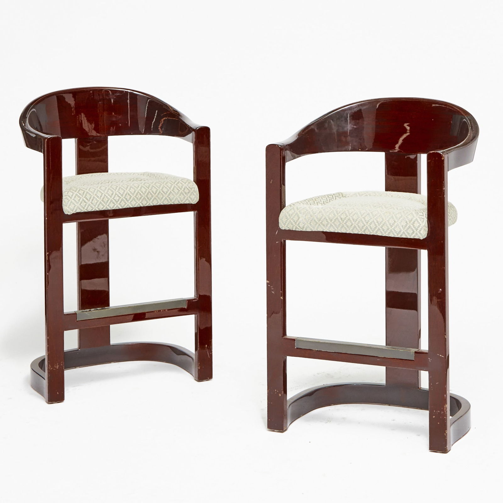Pair of Karl Springer Upholstered Walnut "Onassis" Bar Stools: Late 20th century Height of back 43 inches, height of seat 30 inches, width 25 inches, depth 21 inches.