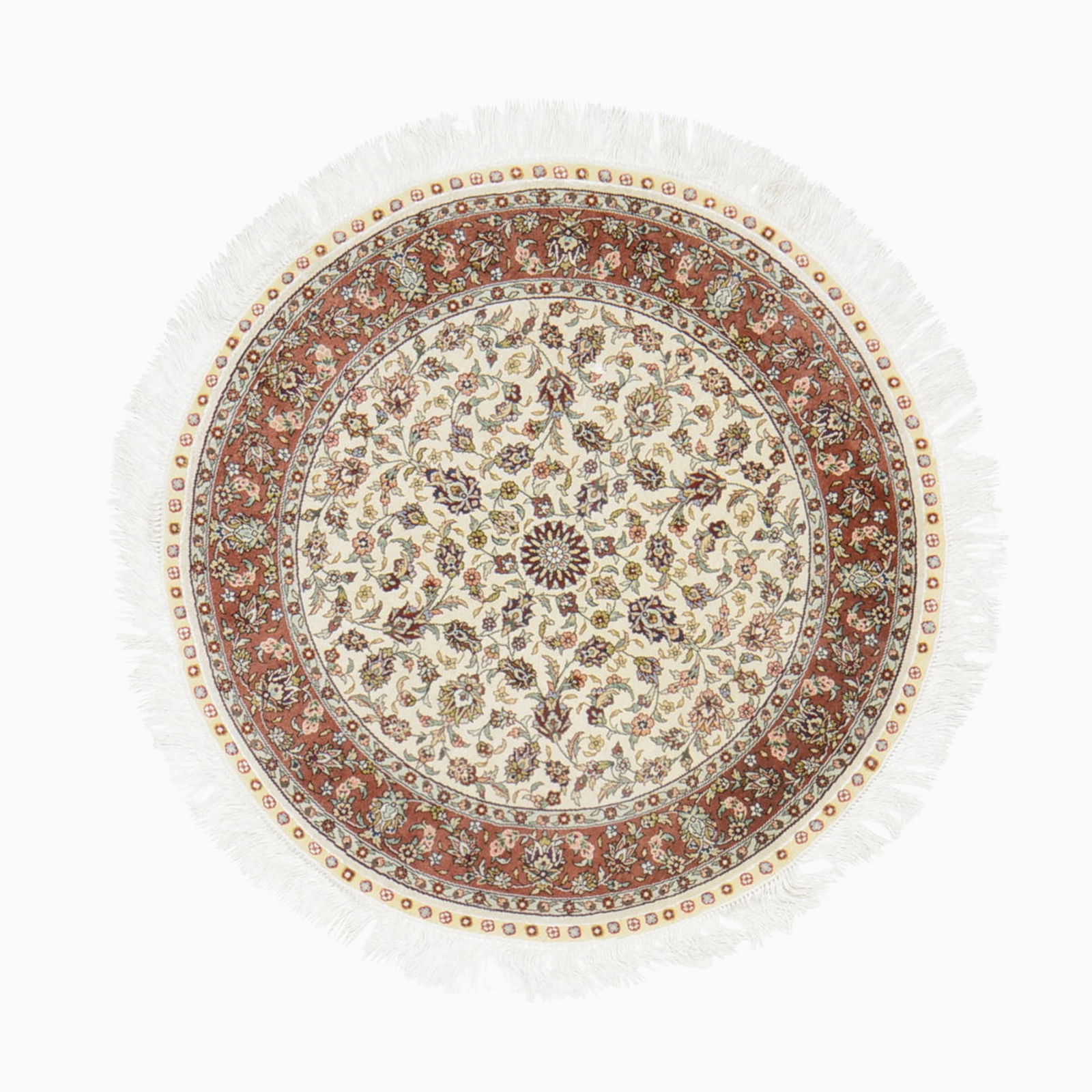 Sino-Hereke Silk Round Carpet: China, Contemporary The central rosette amongst floral vinery on the ivory field is within a copper palmette and meandering vine border. 240-line quality with 400 kpsi. (2' 7" diameter)