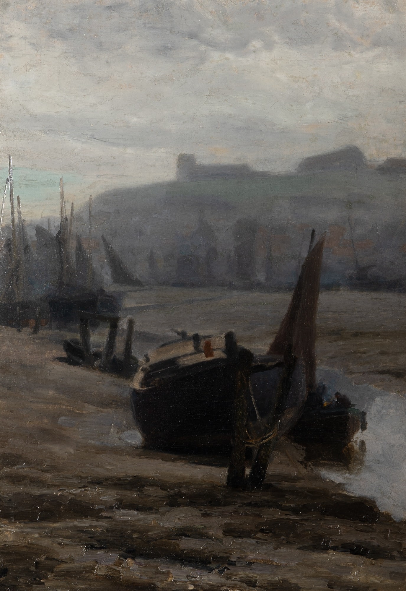 Attributed to William Edward Norton: Boats Docked at Lowtide Oil on canvas 20 1/8 x 14 inches (51.1 x 35.6 cm) (Frame 27 1/4 x 21 1/2) Relined; craquelure throughout; frame rubbing along the edges.