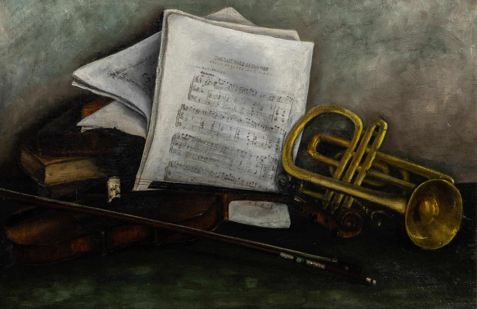 19th/20th Century School: Still Life with Musical Instruments Oil on canvas 20 x 30 1/4 inches (50.8 x 76.8 cm) (Framed 25 1/4 x 35 1/2 inches)