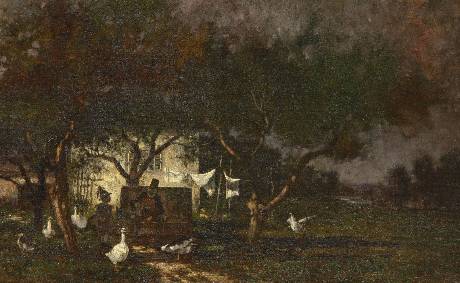 American School: 19th CenturyA Conversation in the YardOil on canvas10 1/4 x 16 1/4 inches (26 x 41.3 cm) (Frame 14 1/4 x 20 1/4 inches) Wax relined, frame rubbing; minor areas of inpainting in the shadow of