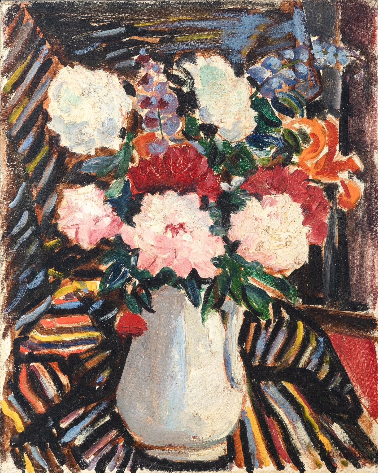 Arthur Carles: American, 1882-1952Floral Still LifeSigned A. Carles (lr)Oil on canvas20 x 16 inches (50.8 x 40.6cm) (Framed 21 5/8 x 17 3/4 inches) Overall in good condition. Slight undulatio