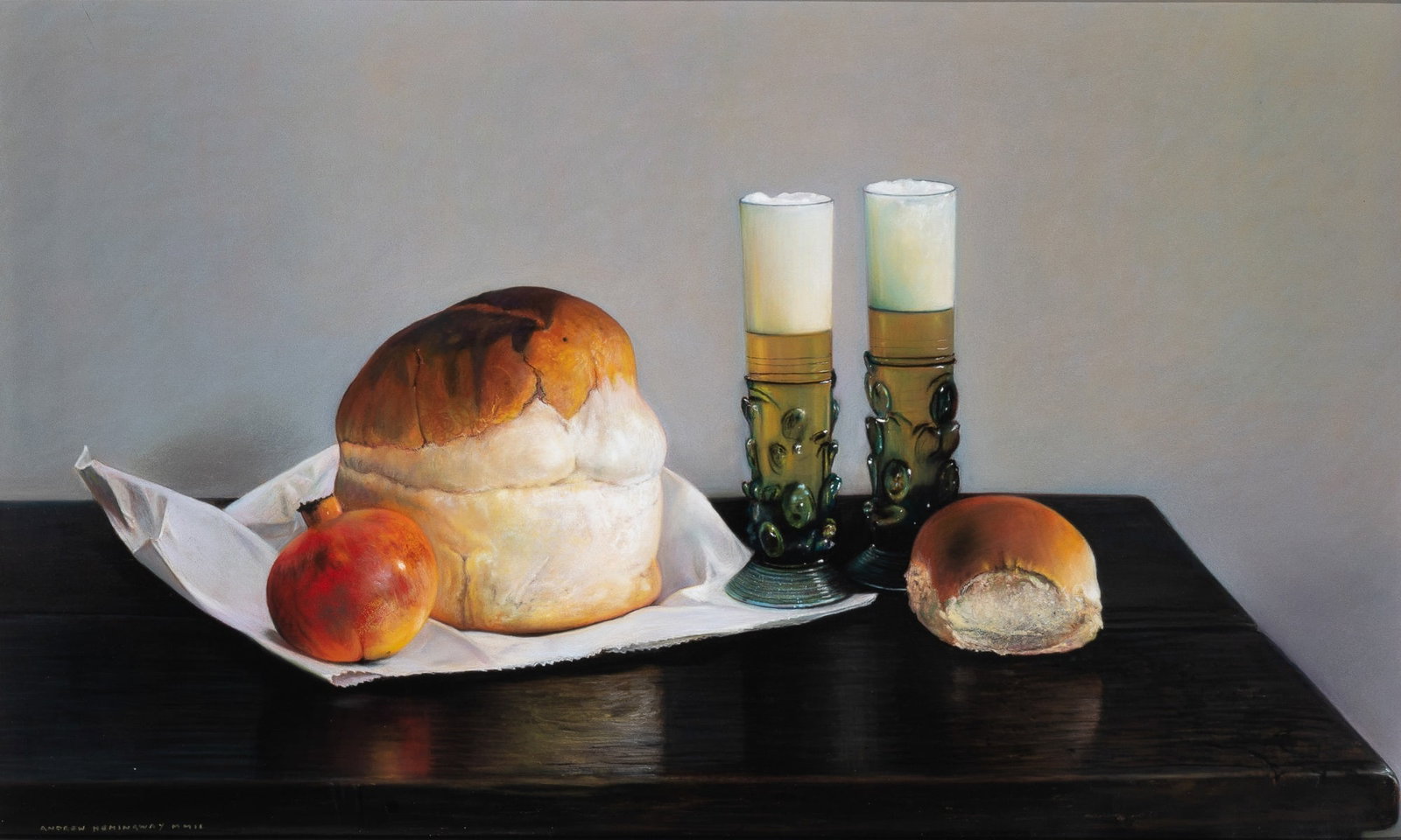 Andrew Hemingway: British, b. 1955 Still Life with Bread, Beer and a Pomegranate, 2002 Signed and dated Andrew Hemingway MMII (ll) Pastel on paper 15 5/8 x 25 1/2 inches (39.7 x 64.8 cm) (Framed 25 5/8 x 35 3/8
