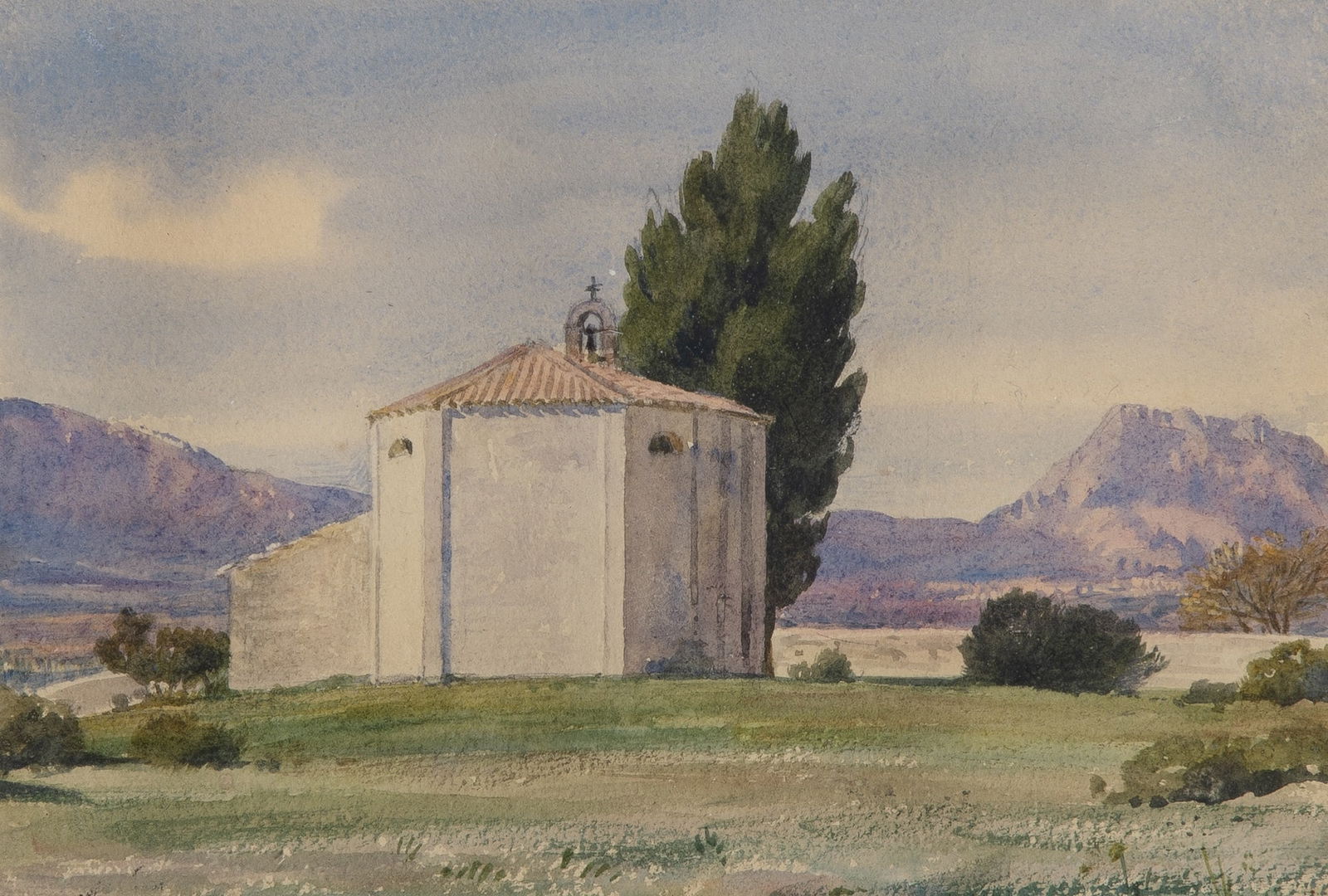 19th Century School: View of a Chapel on a Hill Watercolor on paper laid to card 6 3/4 x 9 3/4 inches (17.1 x 24.8 cm) (Framed 13 1/2 x 16 1/2 inches) The sheet is laid down on a card backing. Minor undulations are