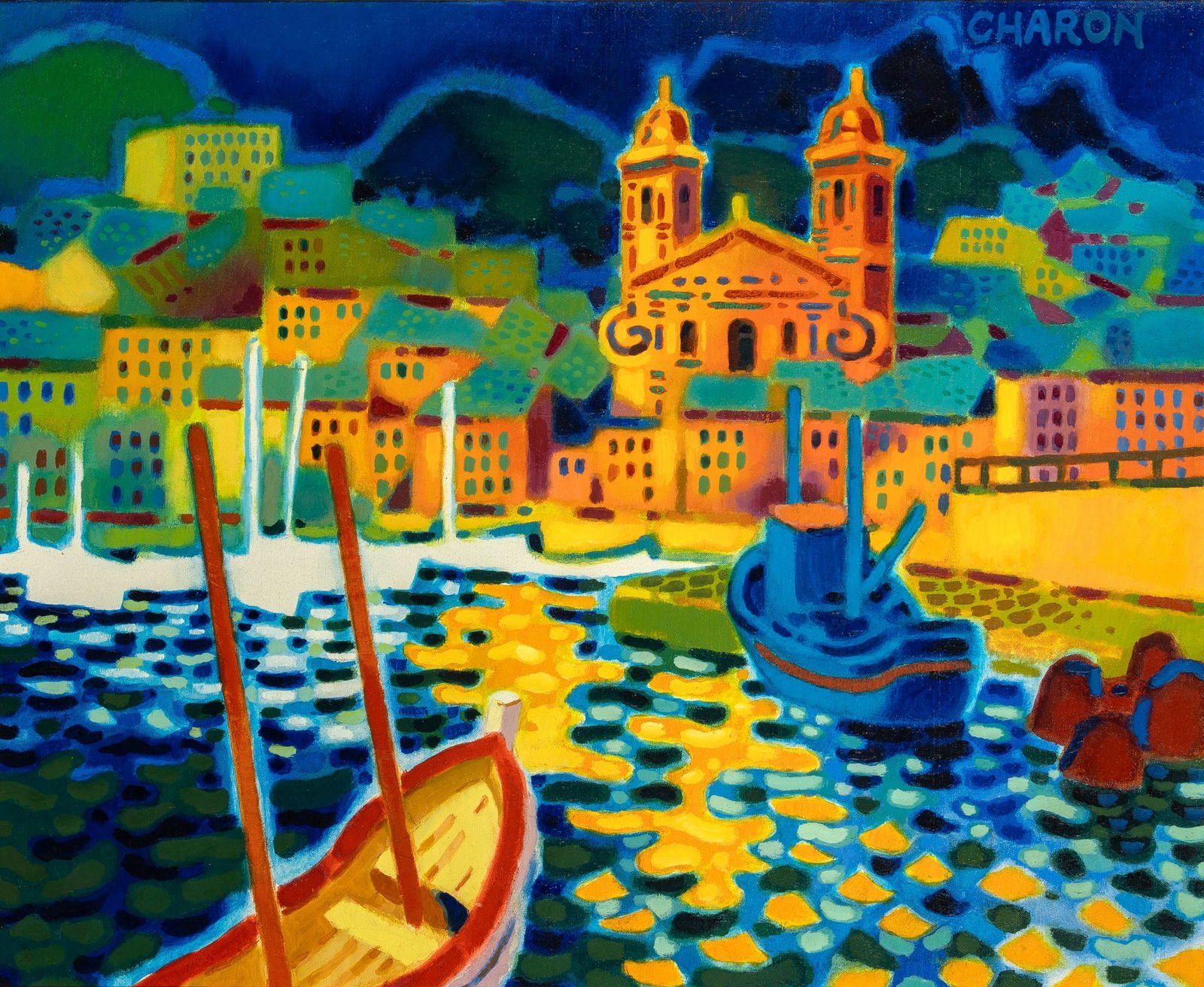 Guy Charon: French, b. 1927Vieux Port, Bastia, 1971Signed CHARON (ur)Oil on canvas23 1/2 x 28 7/8 inches (59.7 x 73.3 cm)Provenance:NY Circulating Library of Paintings, New York (Frame