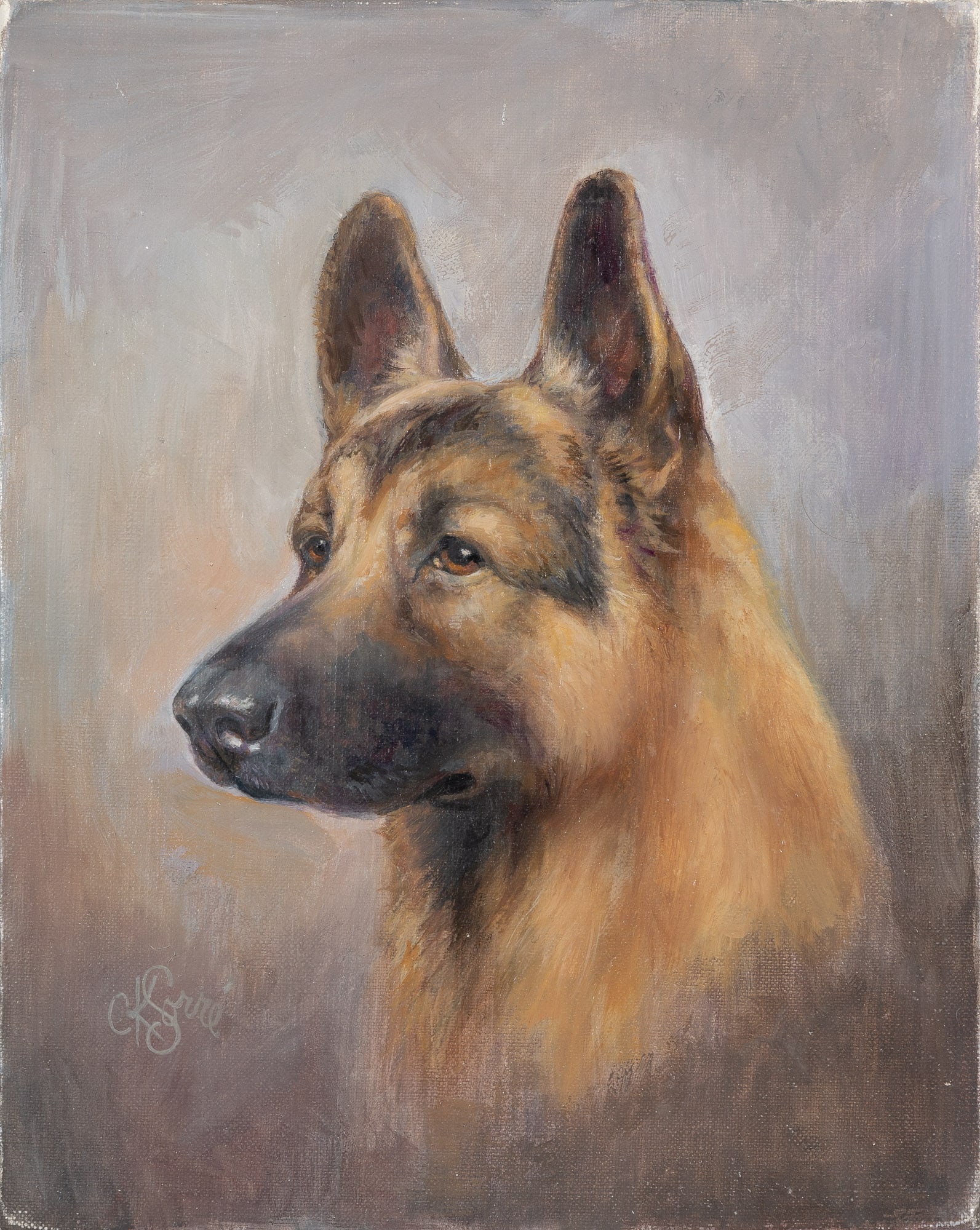 Charlotte Sorre: American. 1932-2016 German Shepherd Head Study Signed CK Sorre (ll) Oil on canvas 10 x 8 inches (25.5 x 20.2 cm) Unframed Provenance: William Secord Gallery, New York Some frame rubbing; in overall