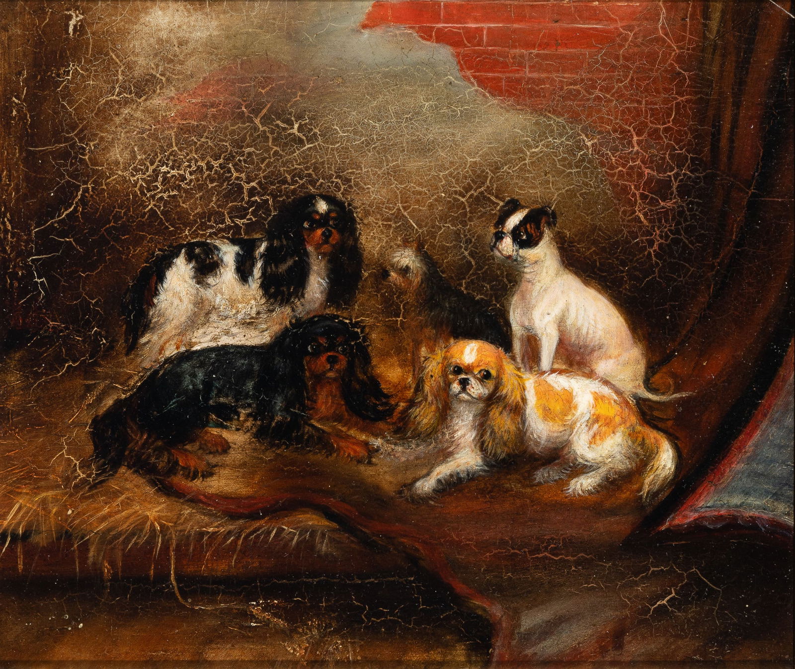 British School: 19th Century Little Rascals (Three Toy Spaniels, and Two Terriers) Signed T. Benson (lr) Oil on board 7 7/8 x 9 1/8 inches (20 x 23.2 cm) Provenance: Thomas O'Neal Collection (Framed 10 3/8 x 11