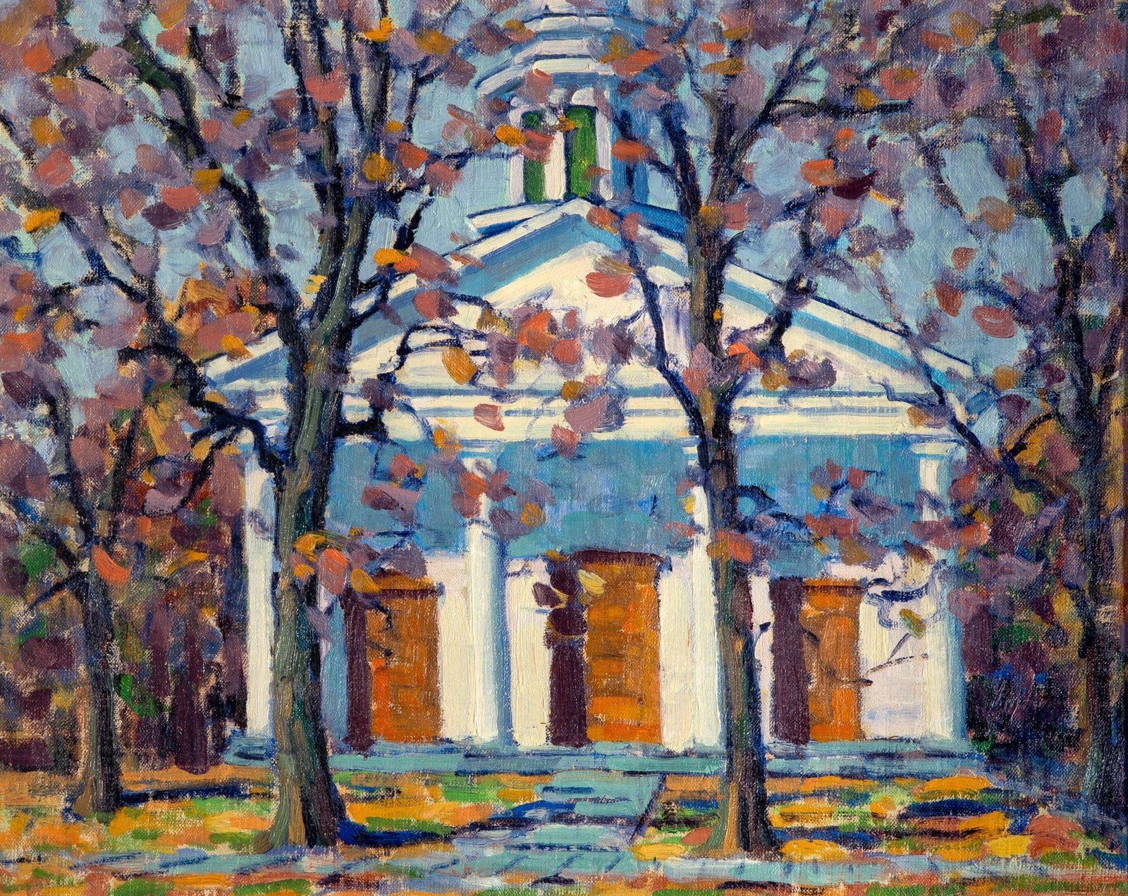 John William Bentley: American, 1880-1951 Dutch Reformed Church, Woodstock, N.Y. Inscribed Painted by John W Bentley (Unfinished) on the reverse Oil on canvas 16 x 20 1/4 inches (40.6 x 51.4 cm) (Frame 19 3/4 x 23 3/4
