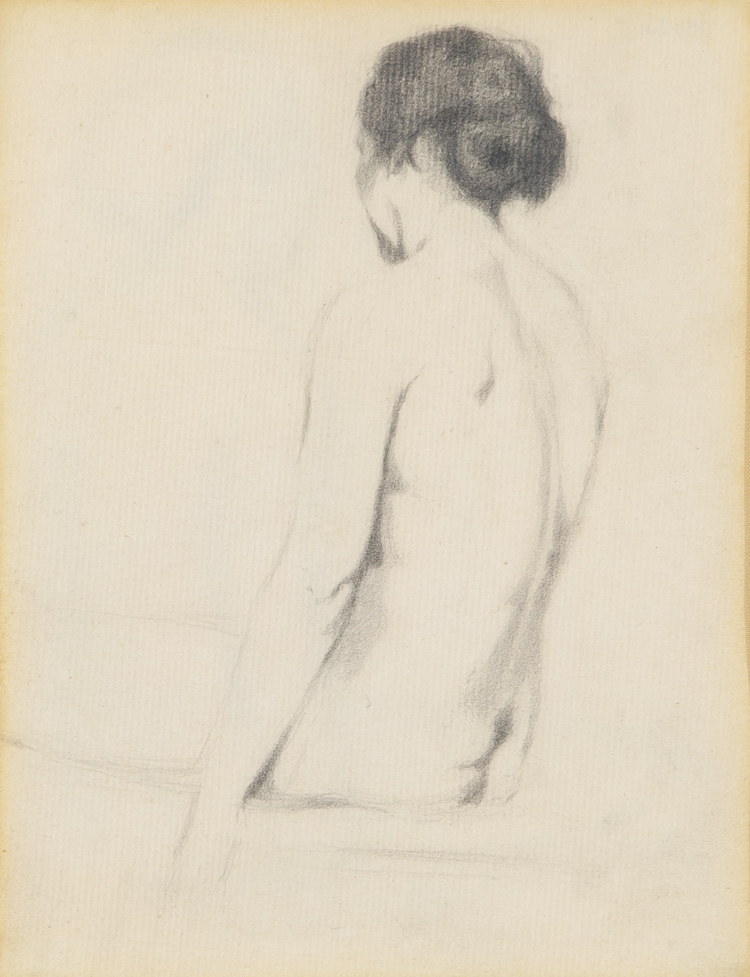 Joseph Stella: American, 1877-1946 Back of a Nude Graphite pencil on paper 7 1/8 x 5 1/2 inches (18 x 14 cm) Frame 13 1/4 x 11 1/2 inches (33.5 x 29.3 cm) Not viewed out of the frame. Mat staining around the