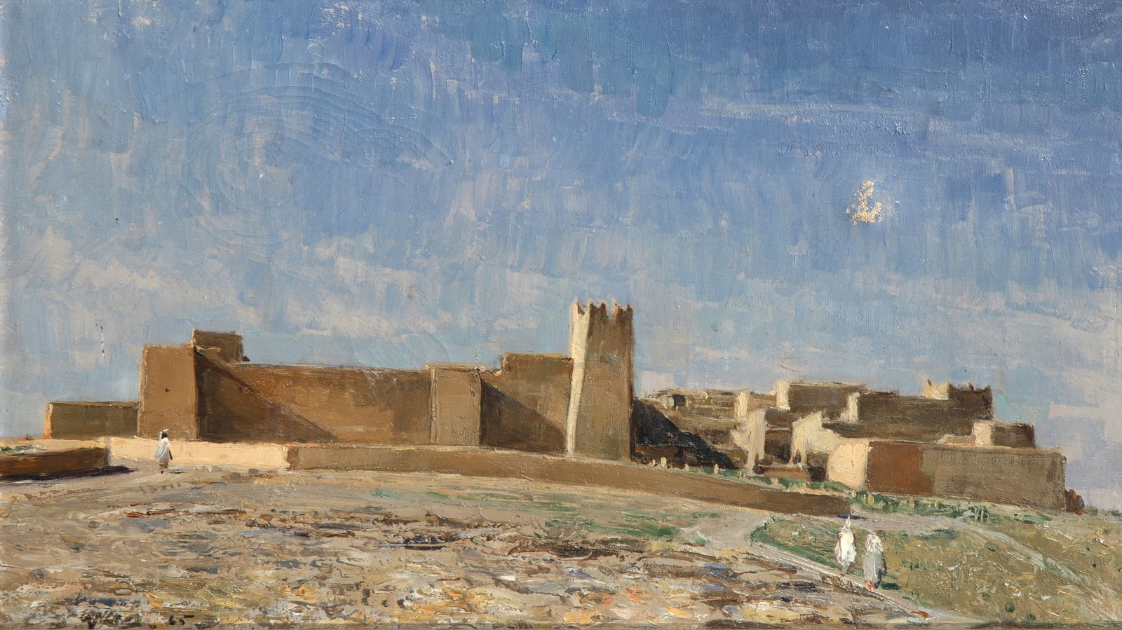 Maurice Grosser: American, 1903-1986 Ksar at Ksar es Souk, 1965 Signed and dated Grosser 65 (ll); signed Maurice Grosser, dated 1965, and inscribed as titled on the reverse Oil on canvas 9 1/2 x 16 1/4 inches (24.1 x