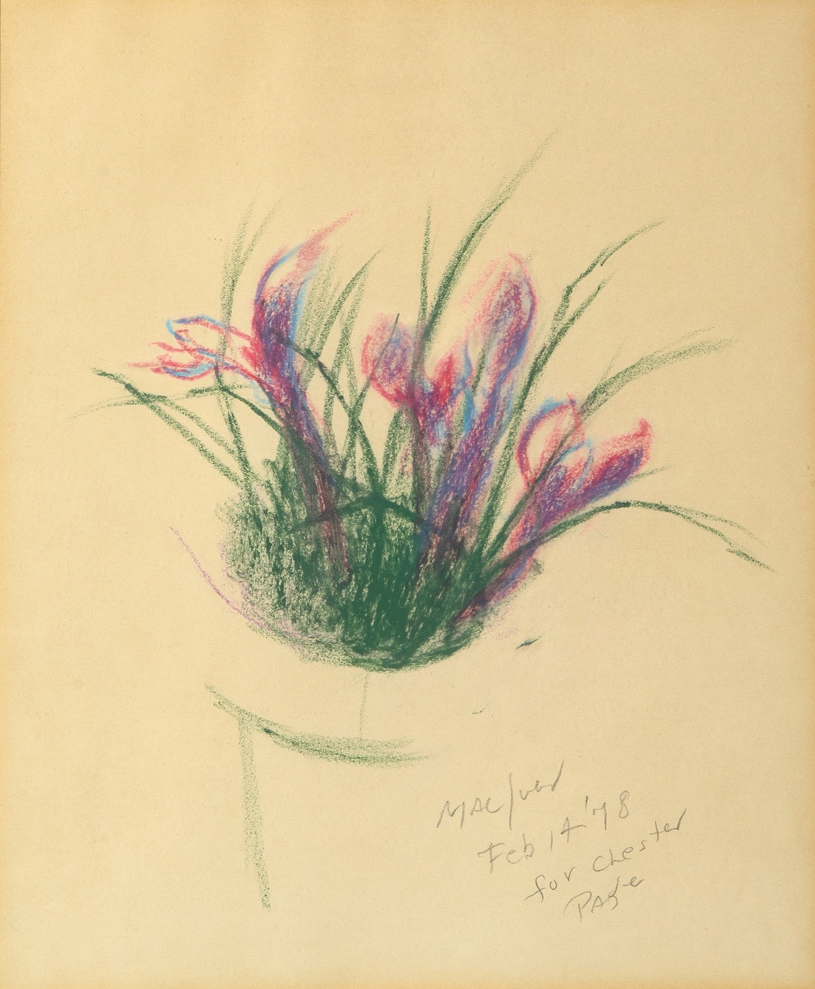 Loren MacIver: American, 1909-1998 Bouquet, 1978Signed MacIver, dated Fed 14 '78, and dedicated For Chester Page (lr)Pastel on paperSight 11 3/4 x 9 3/4 inches (29.8 x 24.8 cm) (