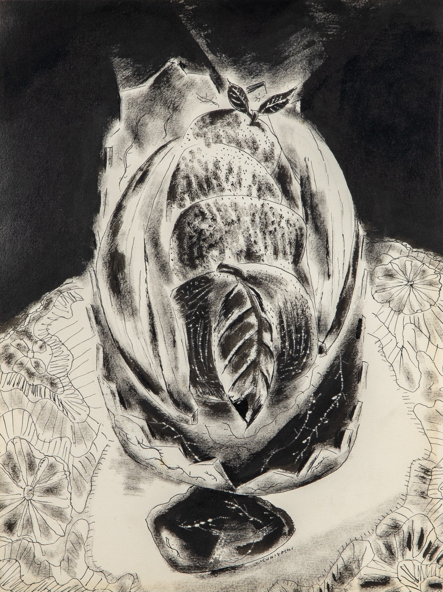 Yasuo Kuniyoshi: Japanese/American, 1889-1953Peaches and Bananas in a Bowl, 1921Signed Kuniyoshi (cr)Ink on paper11 1/4 x 8 1/2 inches (28.6 x 21.6 cm) Provenance: Karl Fortess, Woodstock, NYConner-