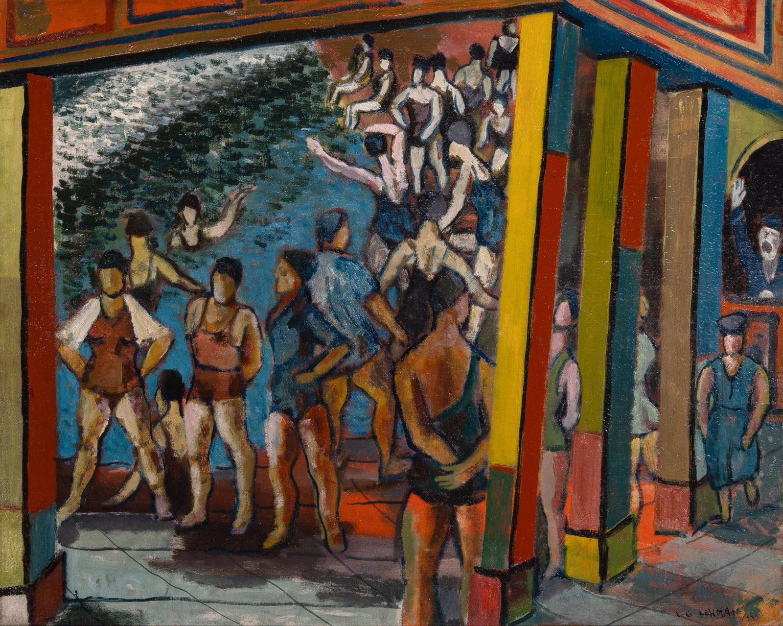 L.G. Lehman: 20th Century Swimmers, 1933 Signed and dated L.G. Lehman 33 (lr) Oil on canvas board 24 x 30 1/4 inches (61 x 76.8 cm) (Frame 30 3/4 x 37 inches) Overall in good condition; frame rubbing along the