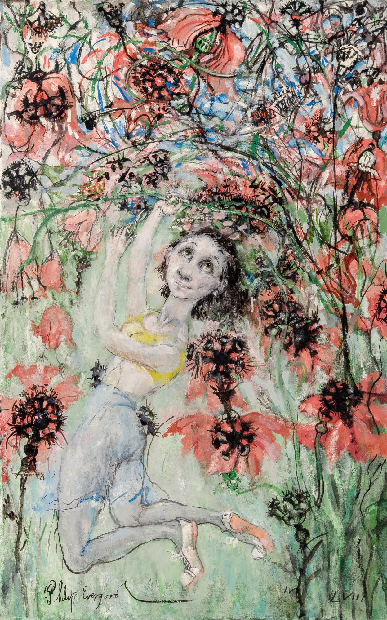 Philip Howard (Blashki) Evergood: American, 1901-1973 Garden of Betty Mae, 1958 Signed Philip Evergood (ll) Oil on panel 40 x 25 inches (101.6 x 63.5cm) Provenance: ACA Galleries, New York Owen Gallery, New York Exhibited: