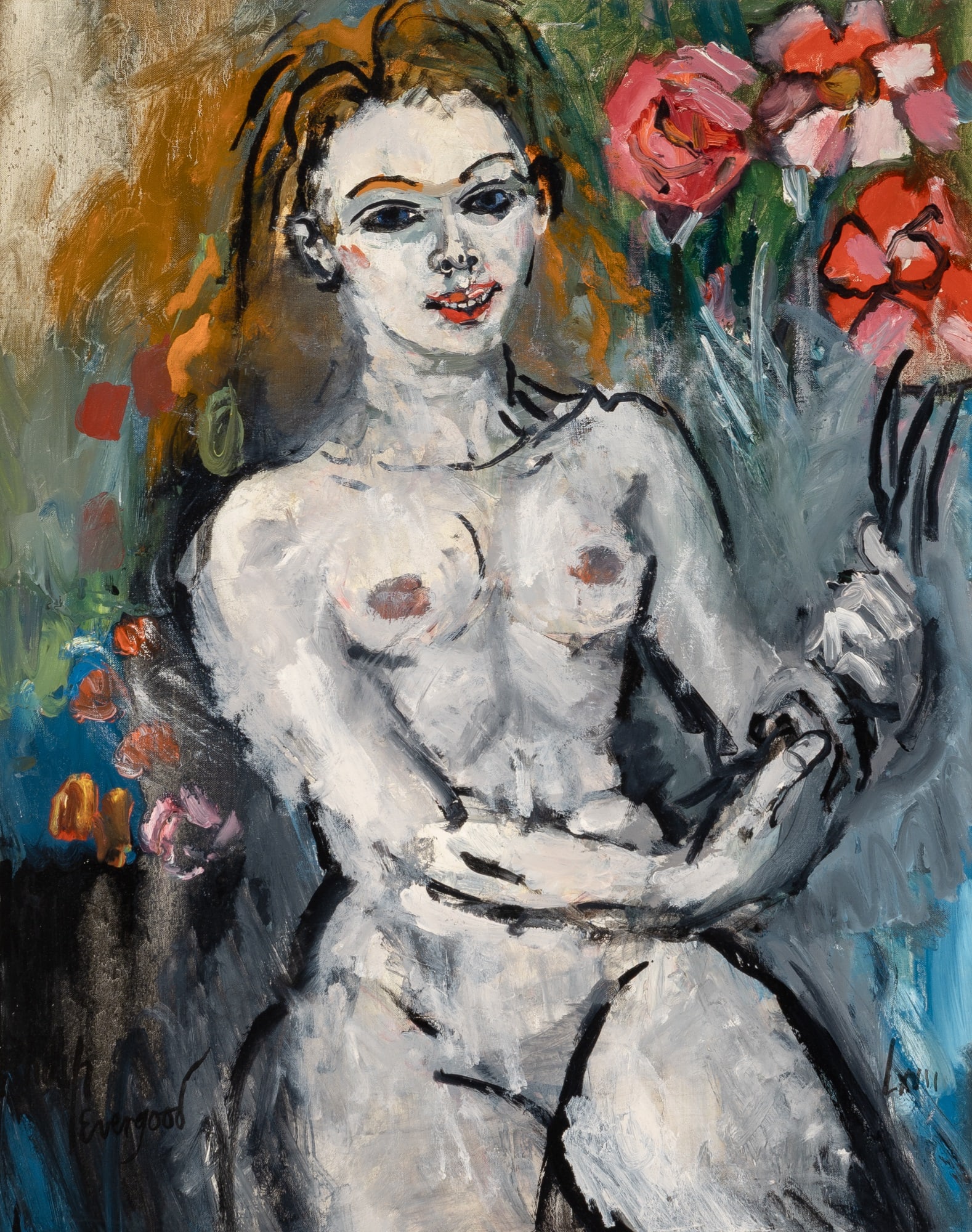 Philip Howard Evergood: American, 1901-1973 Nude with Flowers, 1967 Signed Philip Evergood (lr) Oil on canvas 20 x 16 inches (50.8 x 40.6cm) Provenance: Hammer Galleries, New York Doyle, New York, March 9, 2016, lot 29