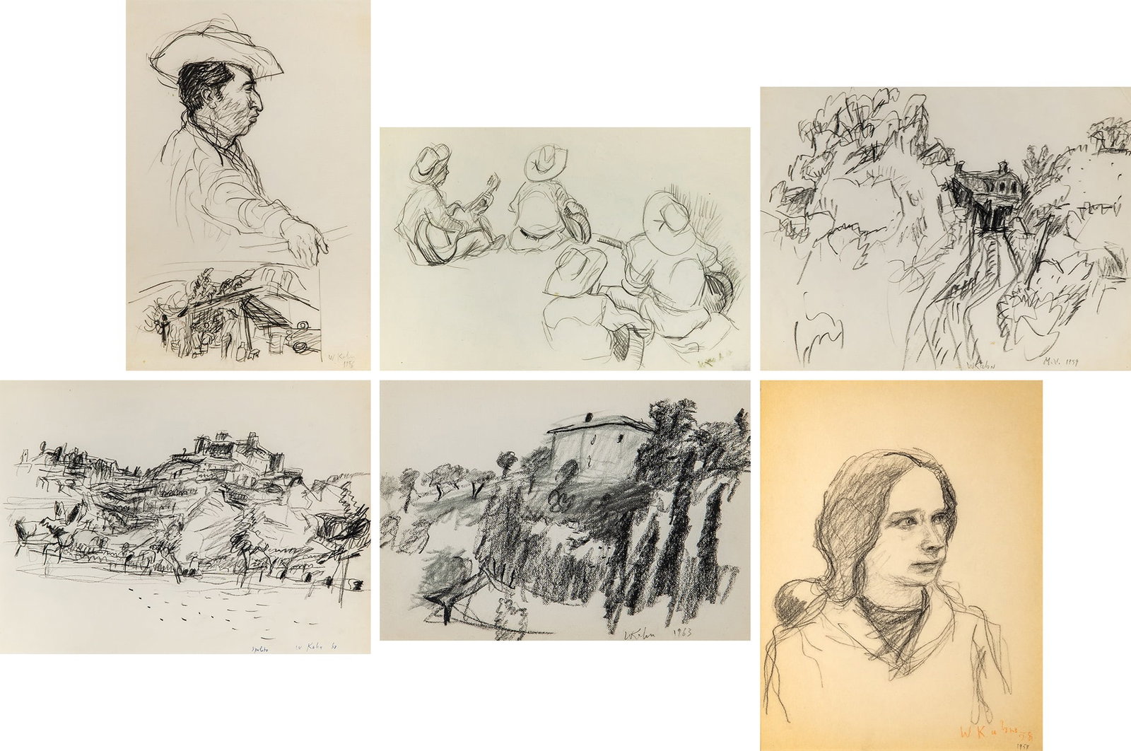 Wolf Kahn: German/American, 1927-2020 Group of Six Drawings Comprising: 1. a conte crayon drawing of a Mexican Cowboy, 1956; 2. a graphite drawing of Men Playing Guitars in Tepoztlan, Mexico, 1956; 3. a