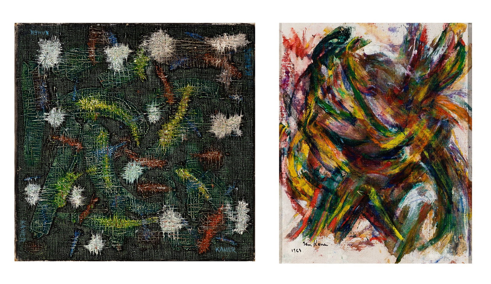 Sam Kaner: American, 1924-1990 (i) Untitled, 1963 Signed and dated Sam Kaner 63 (ll), signed Kaner on the reverse Oil on canvas 16 x 13 inches (40.6 x 33 cm) (ii) Untitled Signed Kaner (lr), signed and