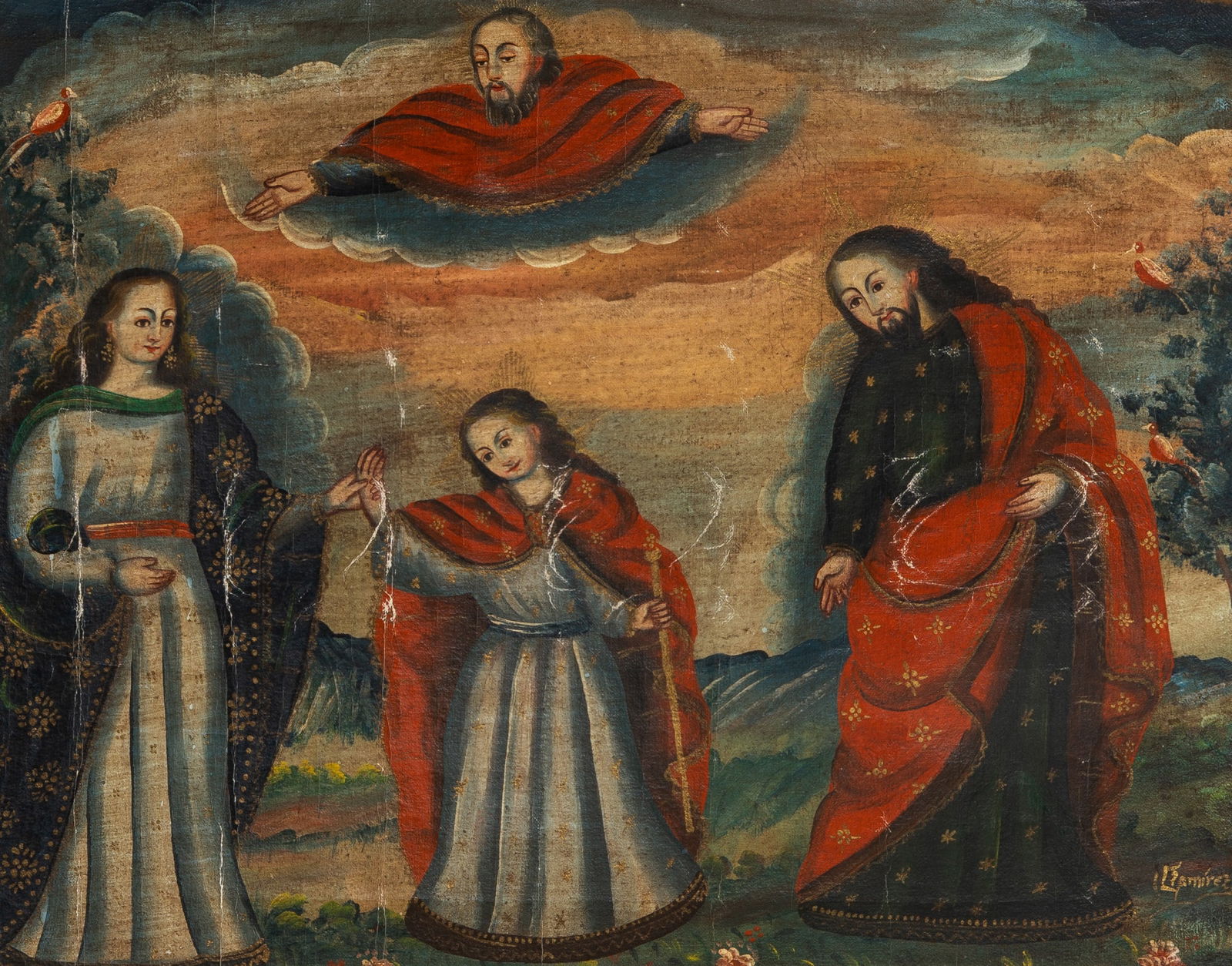 Latin American School: 20th Century The Holy Family with God the Father Signed C. Ramirez (lr) Oil on canvas 15 3/4 x 19 3/4 inches (40 x 50.2 cm) Frame 247/8 x 28 7/8 inches (63.2 x 73.4 cm) Slightly loose on the