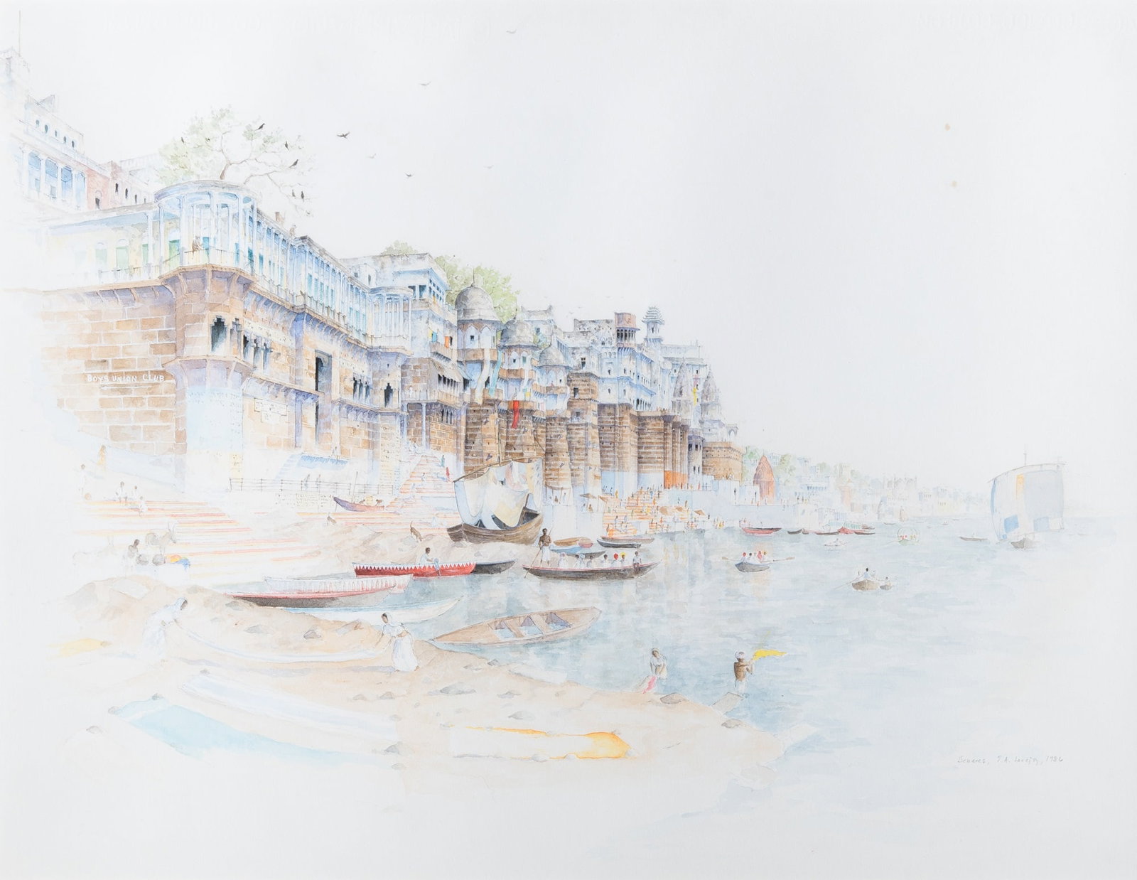 Tim Lovejoy: American, b. 1943 Looking towards the Maharaja…, 1986 Signed T. A. Lovejoy, dated 1986, and inscribed Benares (lr) Watercolor on paper Sight 17 1/2 x 22 1/2 inches (44.5 x 57.2 cm) Provenance: