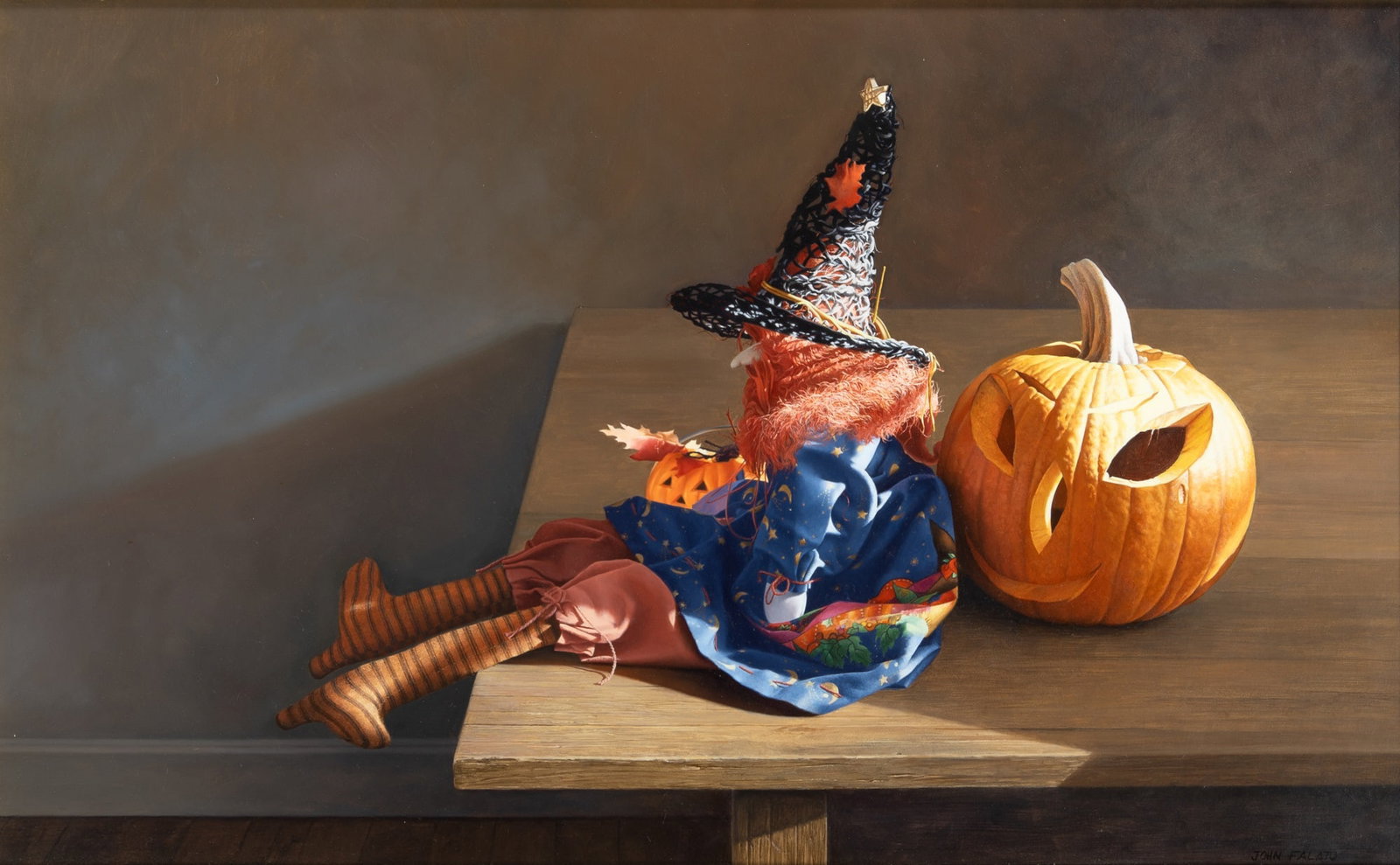 John Falato: American, b. 1940 The Witch, 2004 Signed JOHN FALATO (lr) Oil on Masonite 19 3/4 x 32 inches (50.2 x 81.3 cm) Provenance: Cavalier Galleries, Greenwich, CT (Framed 24 3/4 x 37 inches)