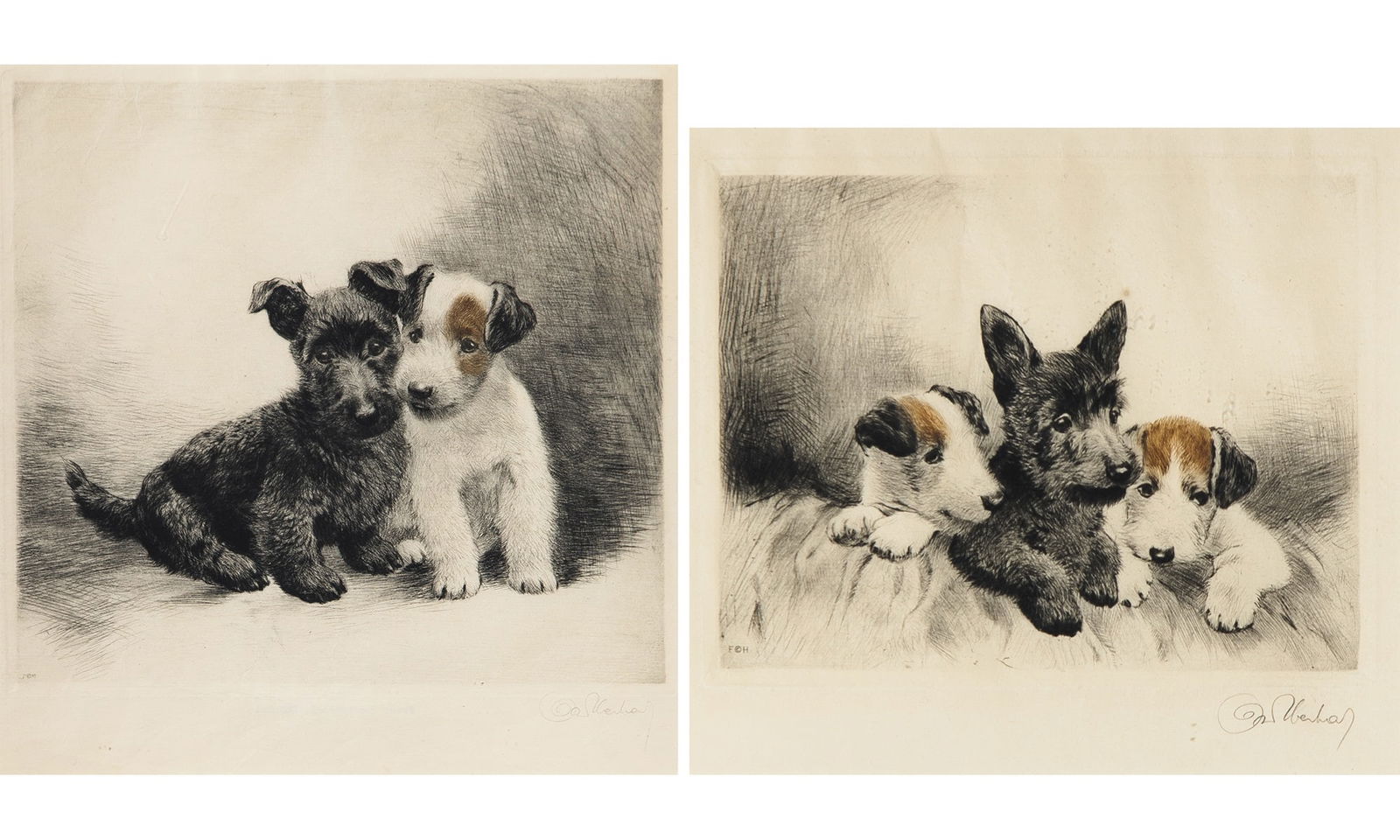 Kurt Meyer-Eberhardt (1895-1977): [TERRIERS]Two color etchings and drypoints, signed in pencil, published by Hanfstaengl, Munich, framed.Larger plate 10 3/8 x 11 1/8 inches (26.3 x 28.2 cm) Larger frame 20 x 19 1/2 inches (50.8 x 49