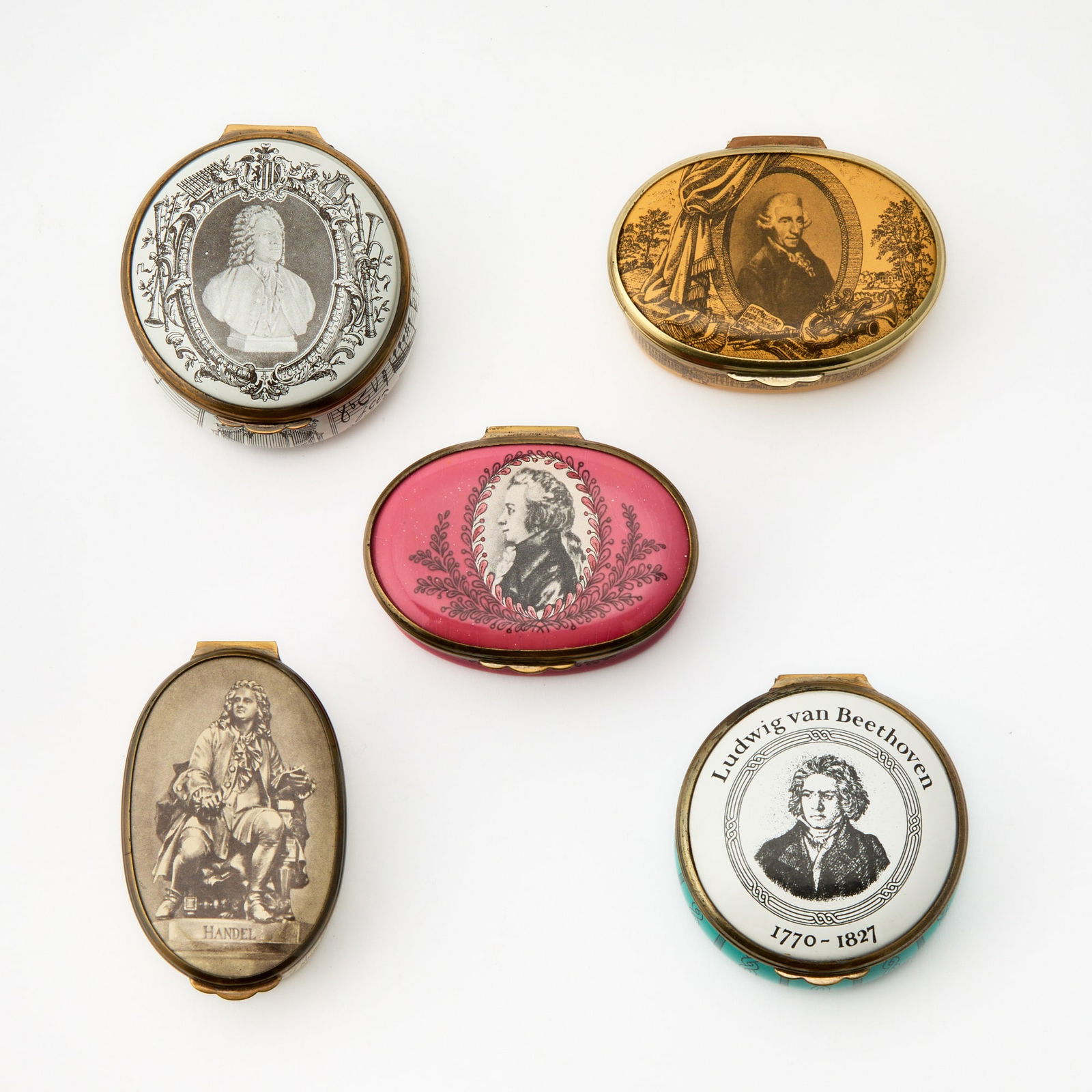 Group of Five Bilston and Battersea Enameled Metal Pill Boxes Retailed by Cartier (1 of 4)