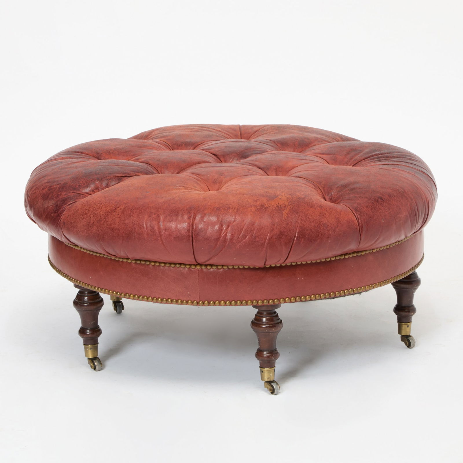 Leather Tufted Mahogany Round Ottoman (1 of 4)